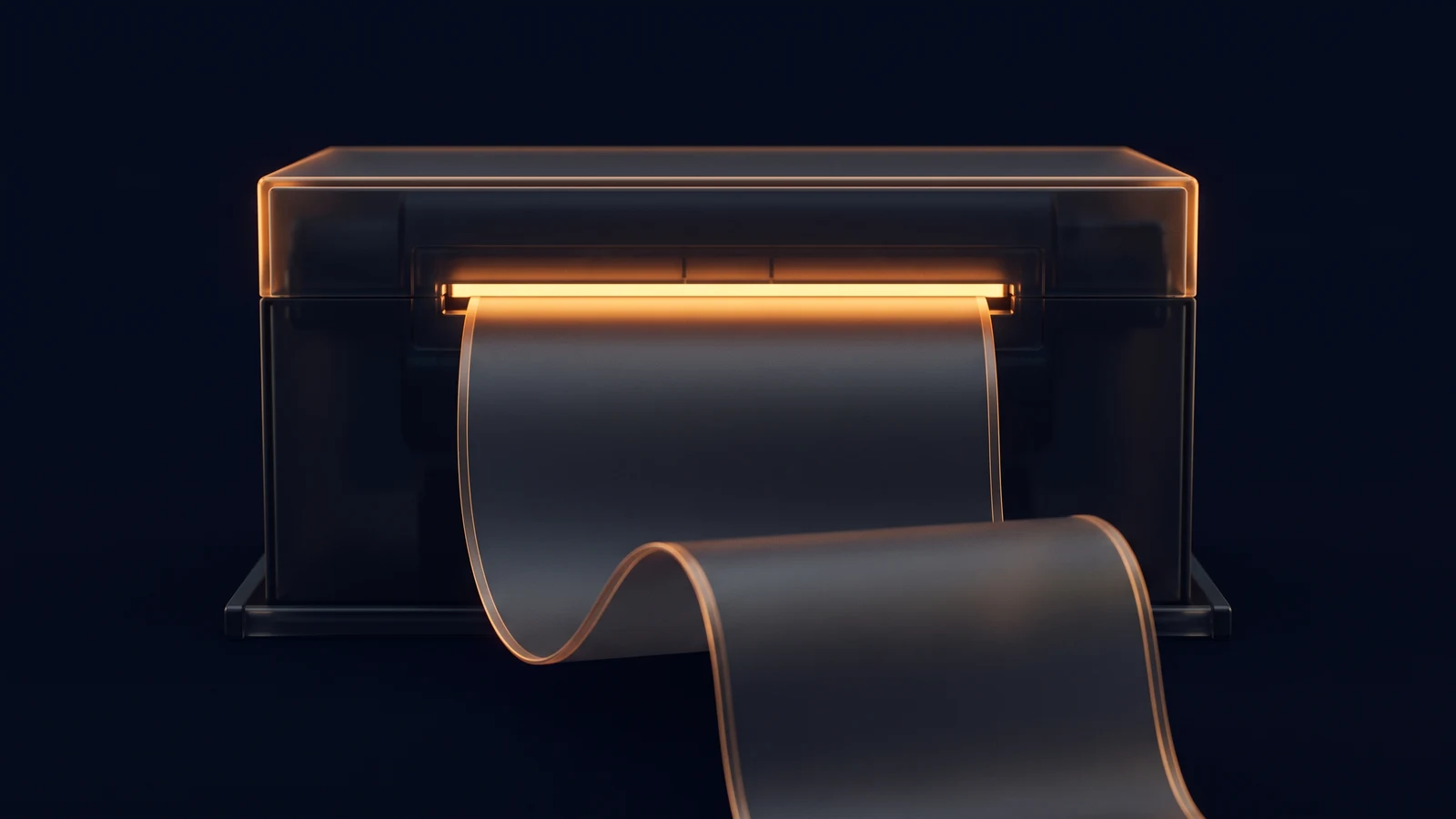 A broad dark blank ticker printer in a deep blue void with a long blank dark ribbon curling forward out of the wide slot across its front, the open slot behind the ribbon washed warm amber from a light source inside the shell