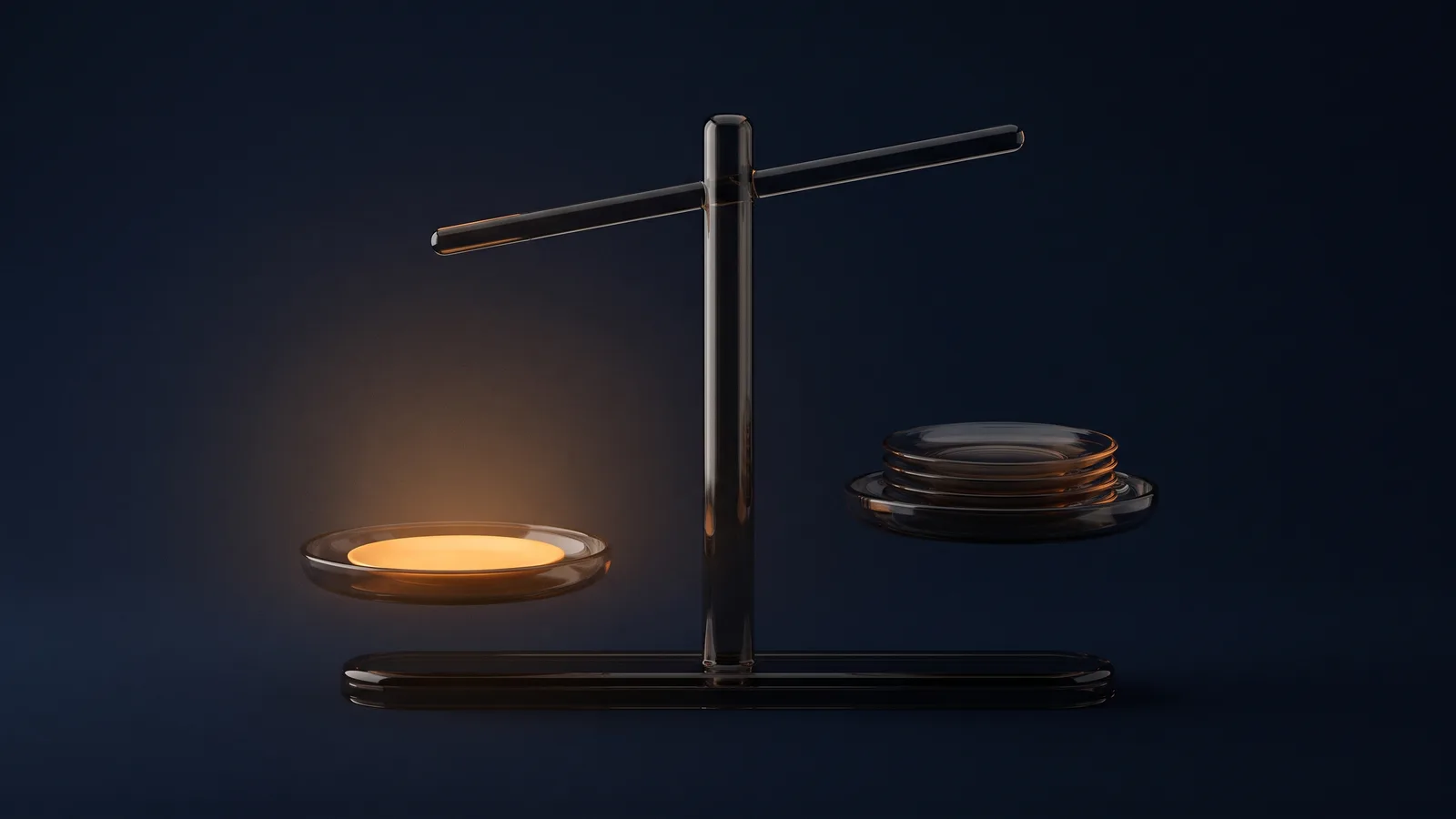 A balance scale of dark smoked glass in a deep blue void, one shallow pan holding a single blank plate that glows warm amber, the other holding three dark plates