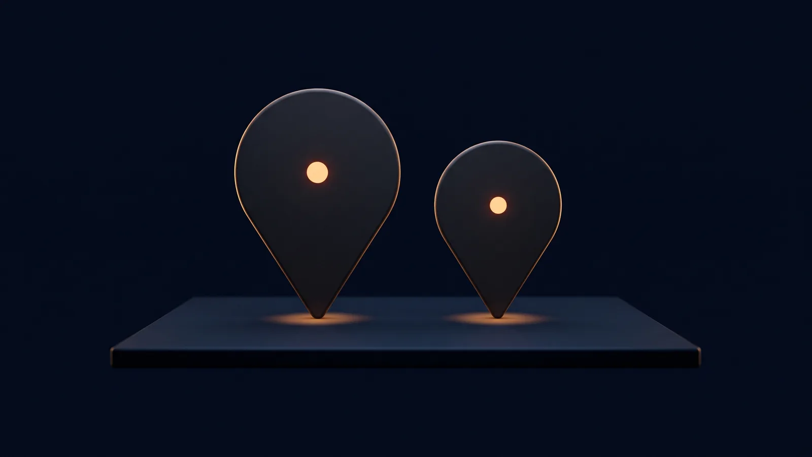 Two dark map location pins standing on a thin dark tile in a deep blue void, one large and one smaller, each with a small glowing warm amber dot in its head and a soft amber pool of light where its point meets the tile