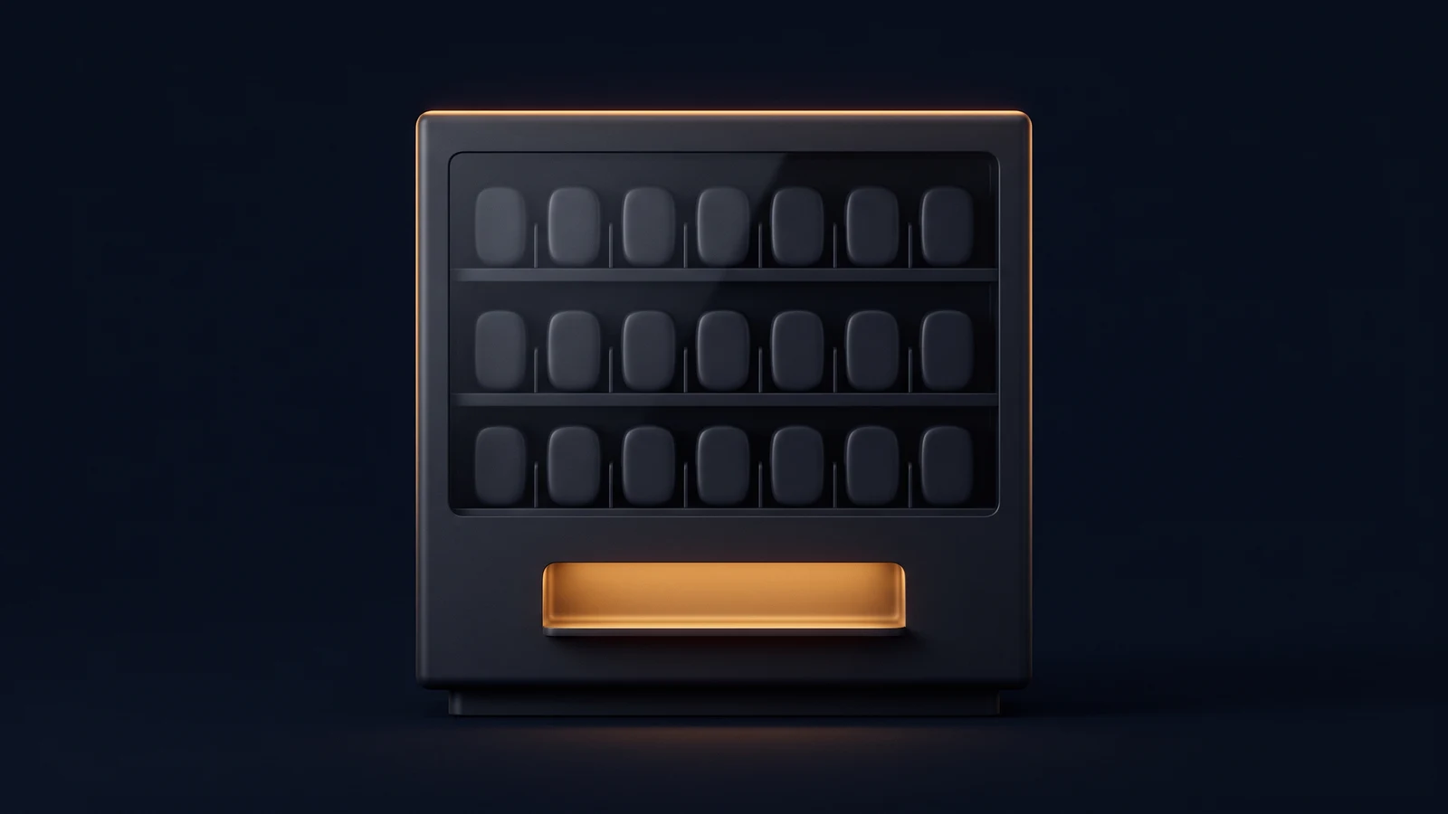 A broad vending machine of matte near-black charcoal standing dead-on on a low base in a deep blue void, three shelves of identical completely blank dark blocks behind its smoked glass front, and one wide delivery opening along the bottom lit warm amber from inside the housing