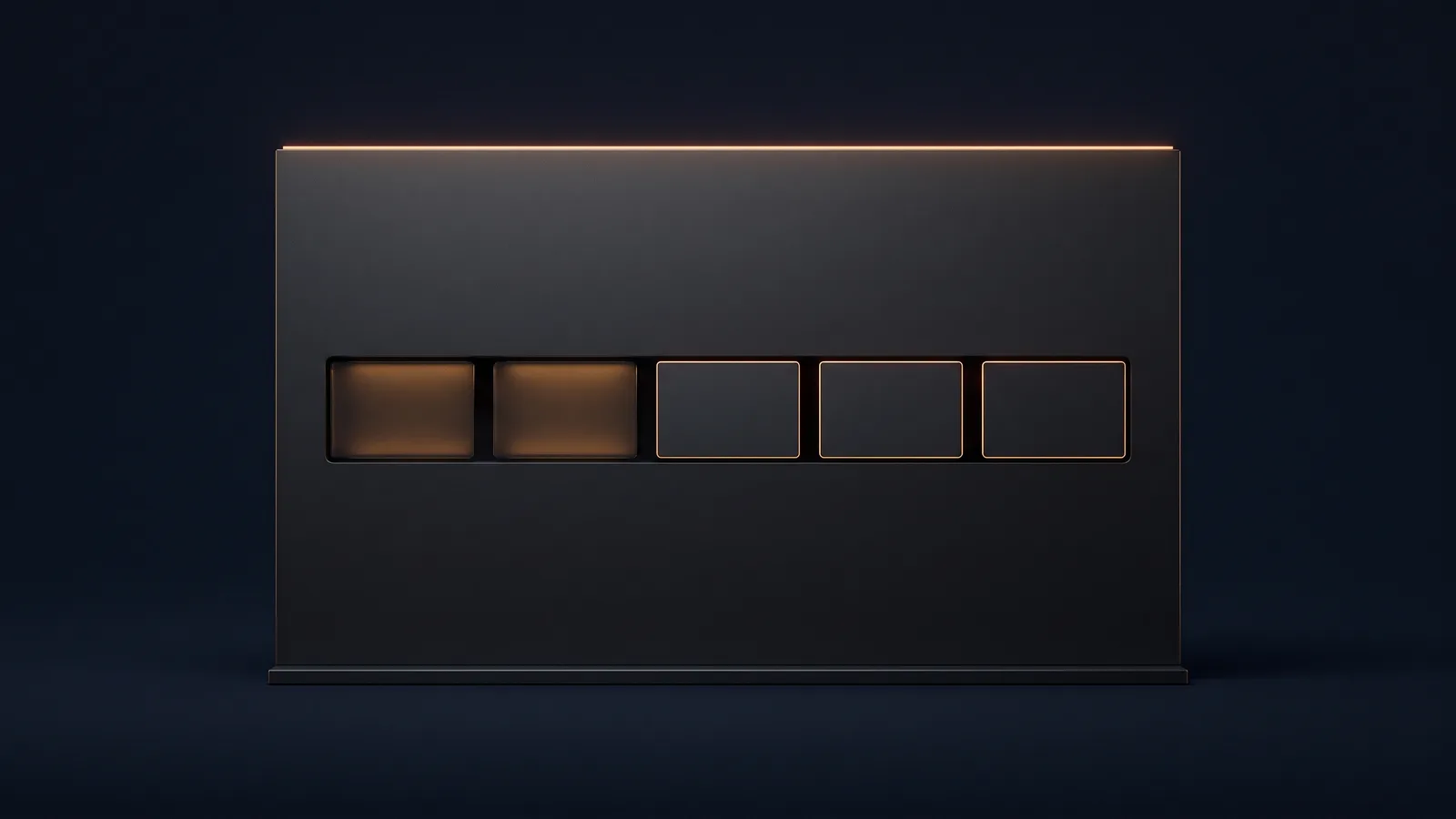 A broad dark upright panel with a warm amber rim along its top edge in a deep blue void, a long track across its face divided into five segments with the two on the left glowing warm amber