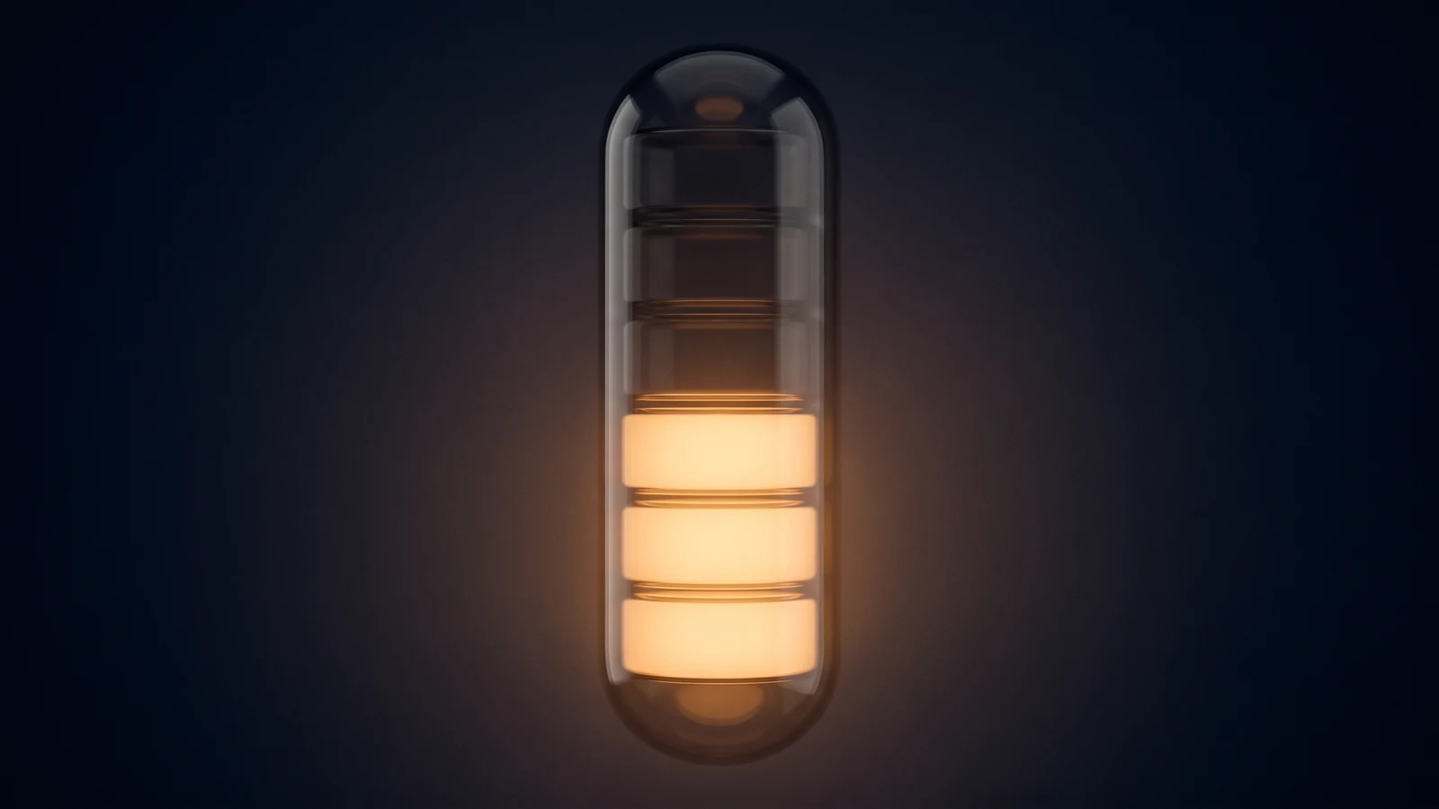 A tall upright capsule of dark smoked glass in a deep blue void, its interior divided into six blank stacked segments with the lower three glowing warm amber
