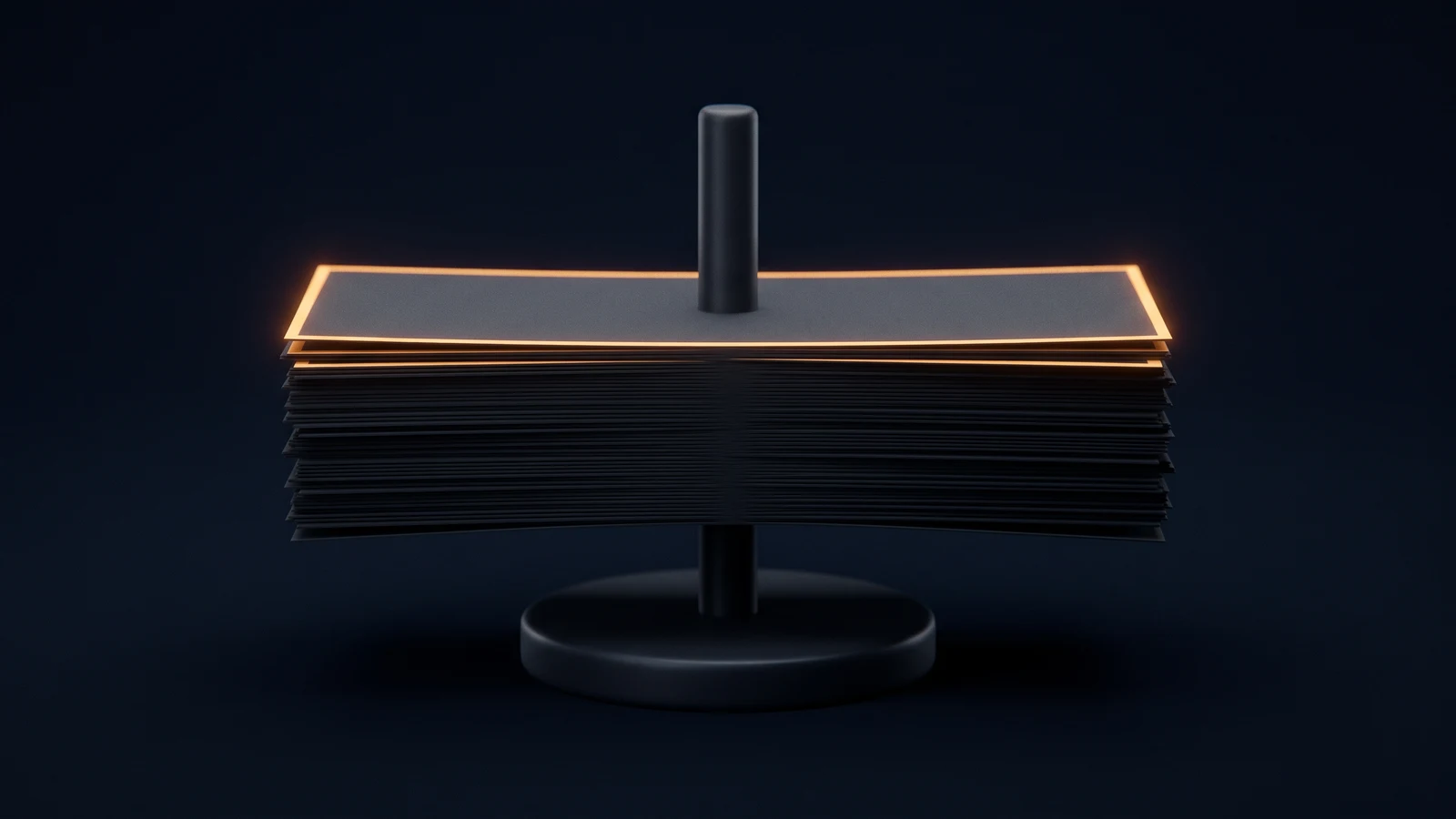 A desktop receipt spindle of matte near-black charcoal standing dead-on in a deep blue void, a thick stack of identical completely blank landscape slips speared onto its short upright post and spread wide, only the two topmost slips traced by a thin warm amber rim and every slip beneath them dark but clearly present