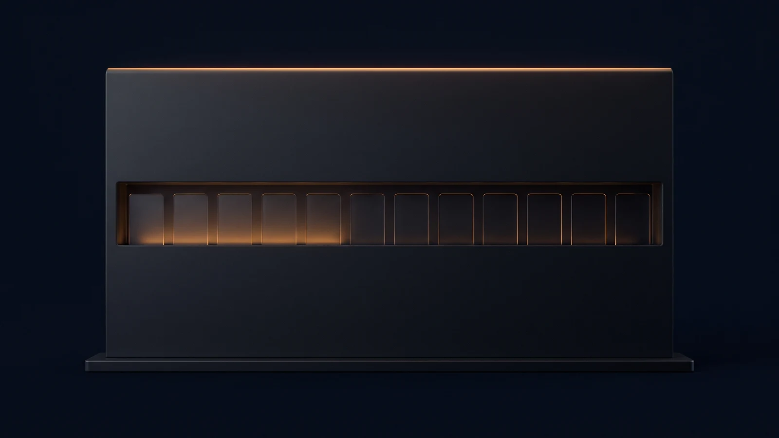 A broad blank dark sorting panel standing on a low base rail in a deep blue void, one long open channel across its face holding a row of identical unmarked upright tabs, the tabs at the left end washed warm amber and the rest dark