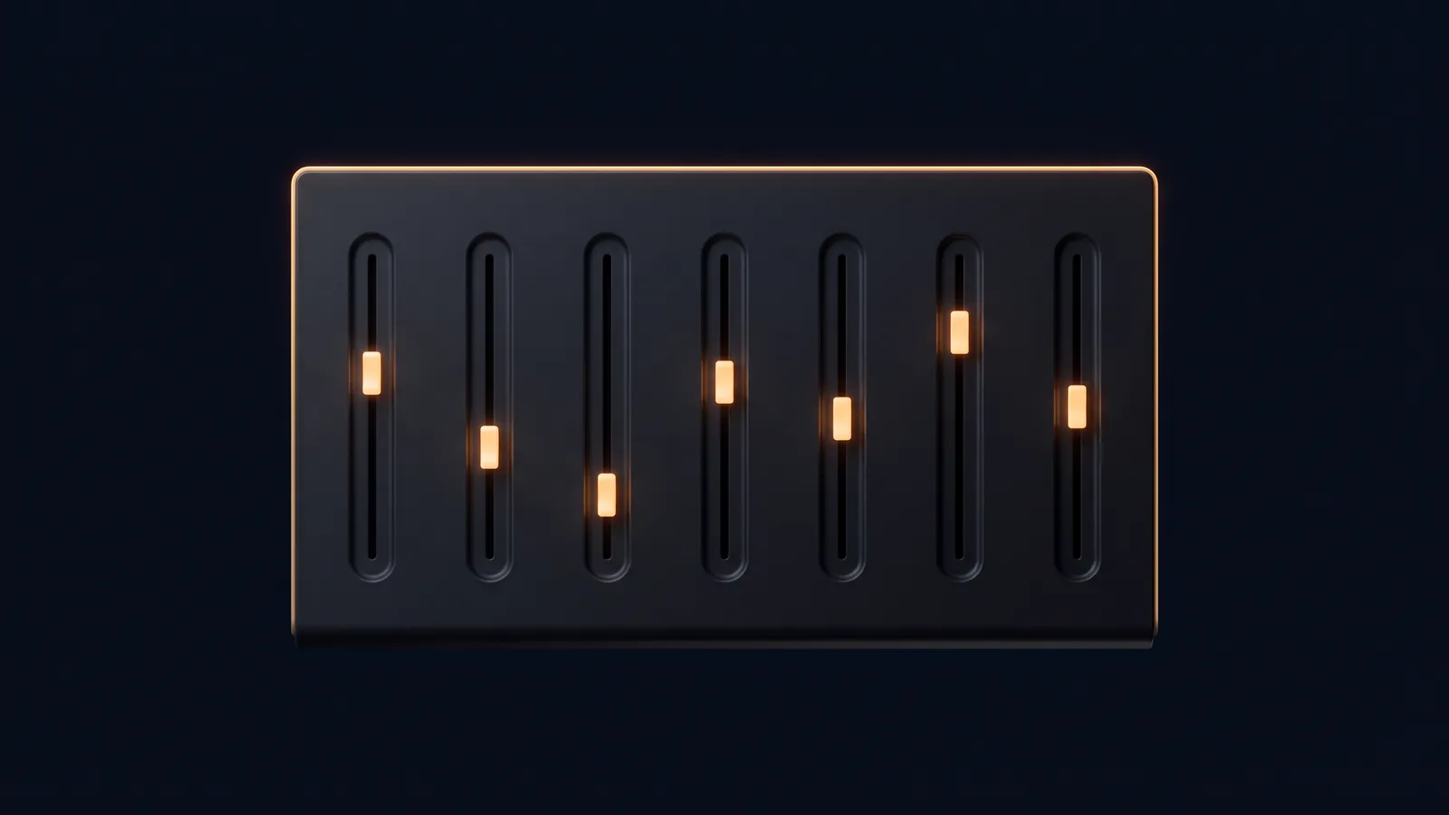 A broad dark fader console seen dead-on in a deep blue void, seven blank vertical slider channels each holding one small glowing warm amber knob, the seven knobs resting at seven different heights