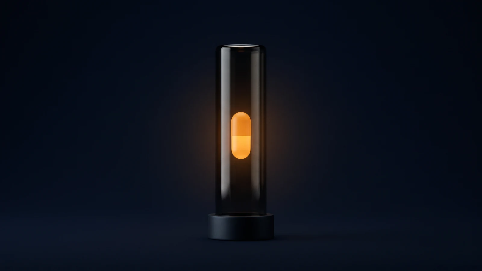 A tall cylindrical tube of dark smoked glass standing on a low base in a deep blue void, one smooth blank capsule resting inside it and glowing warm amber, the tube around it dark