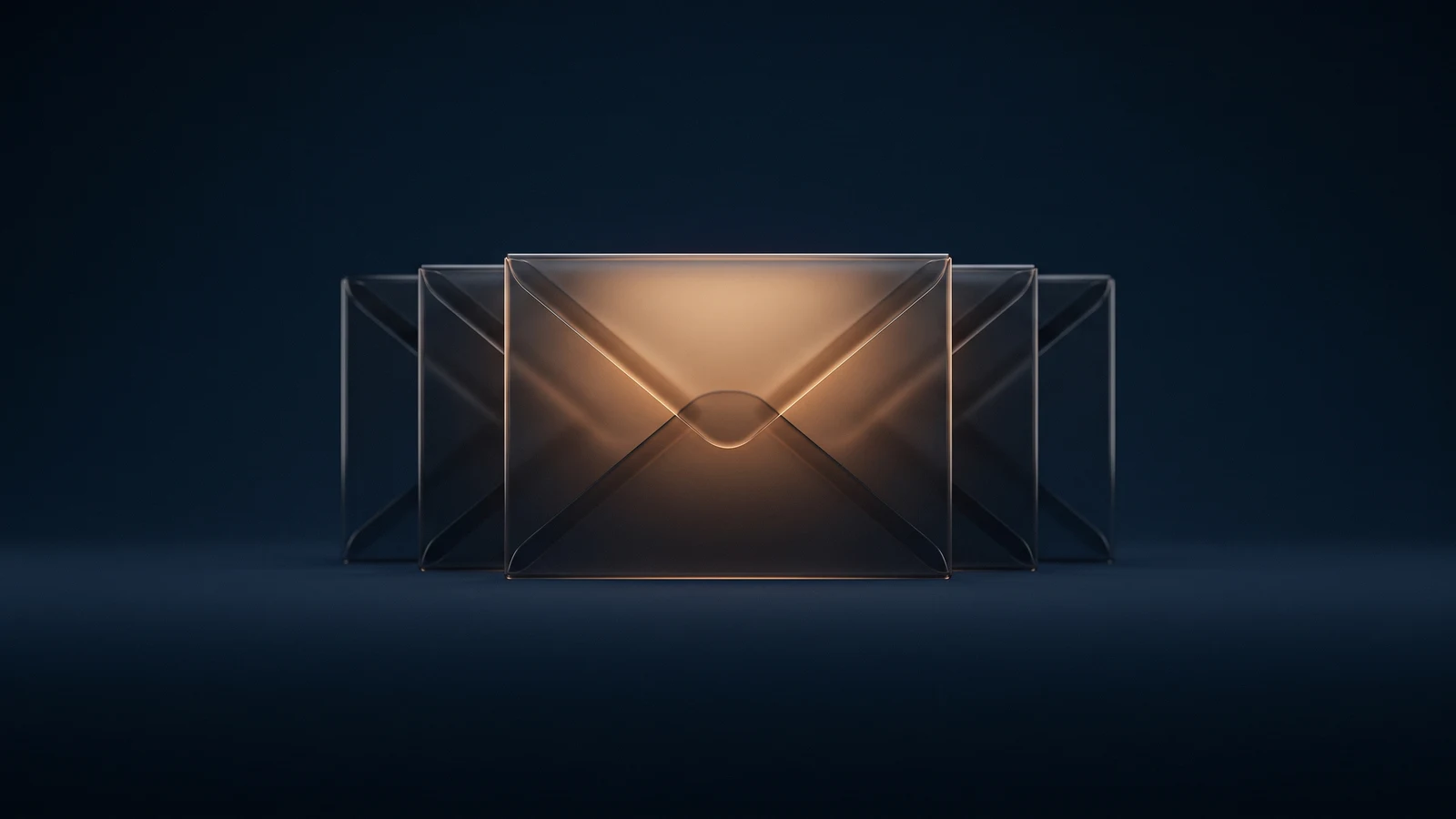 Five sealed envelopes of dark smoked glass standing in a row in a deep blue void, the front one glowing warm amber from within while the four behind it stay dark