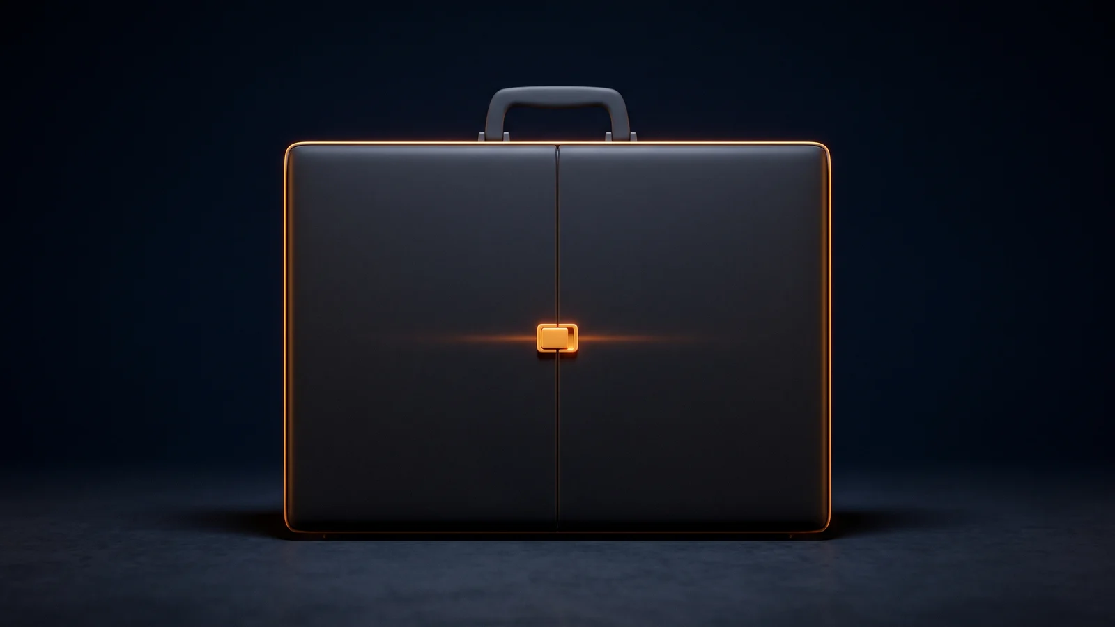 A broad dark hard-shell briefcase standing upright in a deep blue void, its edges traced by a thin amber rim, with one small latch glowing warm amber at the center of its front