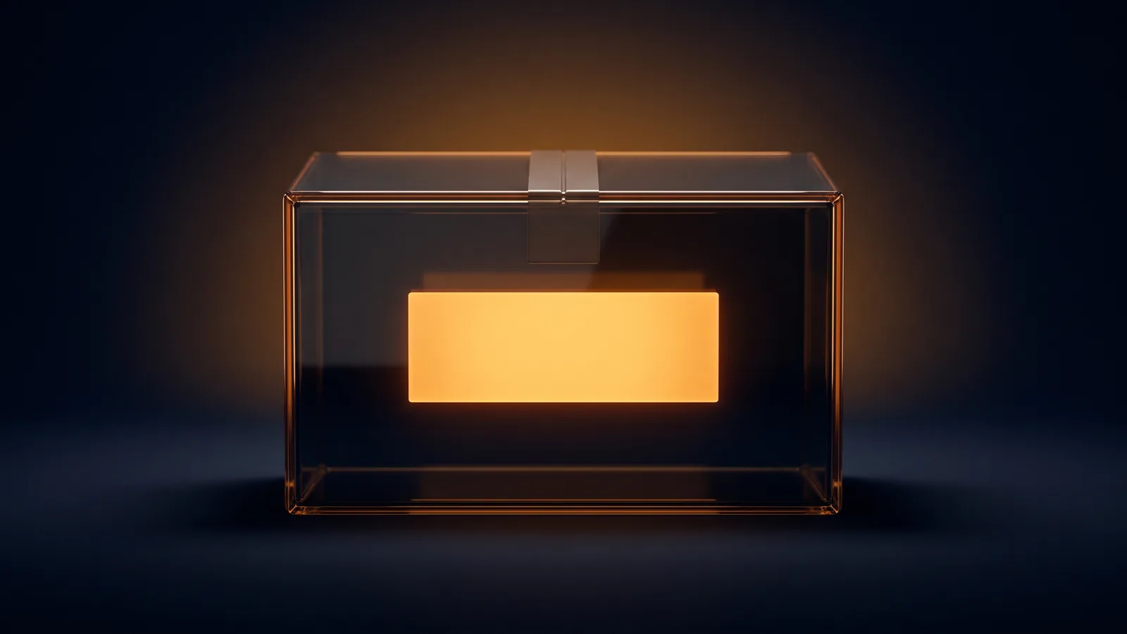 A wide closed carton of dark smoked glass with thin amber rims seen straight on in a deep blue void, a strip of tape over its top seam, and one wide blank label on its front face glowing warm amber
