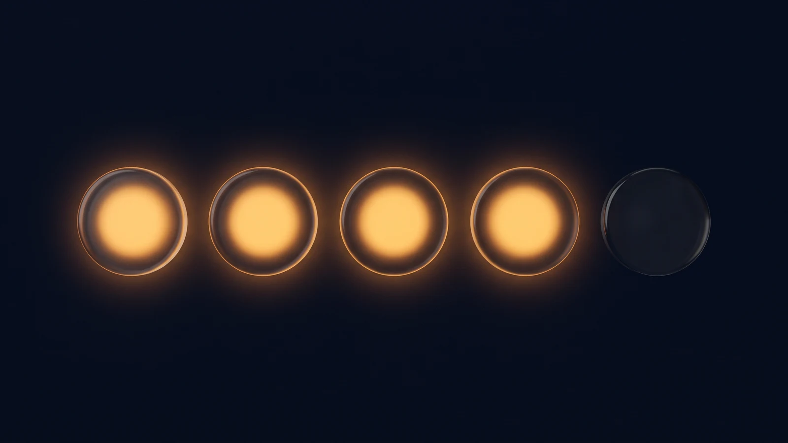 Five round rating markers of dark smoked glass standing in a row in a deep blue void, the first four glowing warm amber from within and the fifth left dark