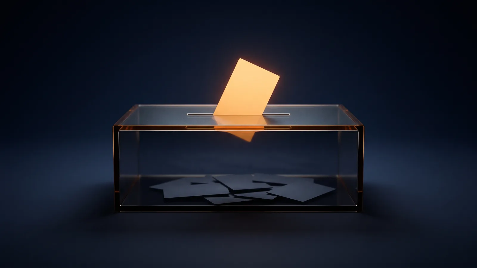 A wide box of dark smoked glass with thin amber rims seen straight on in a deep blue void, one blank card glowing warm amber dropping through the slot in its top, and a loose pile of dark blank cards on the floor of the box