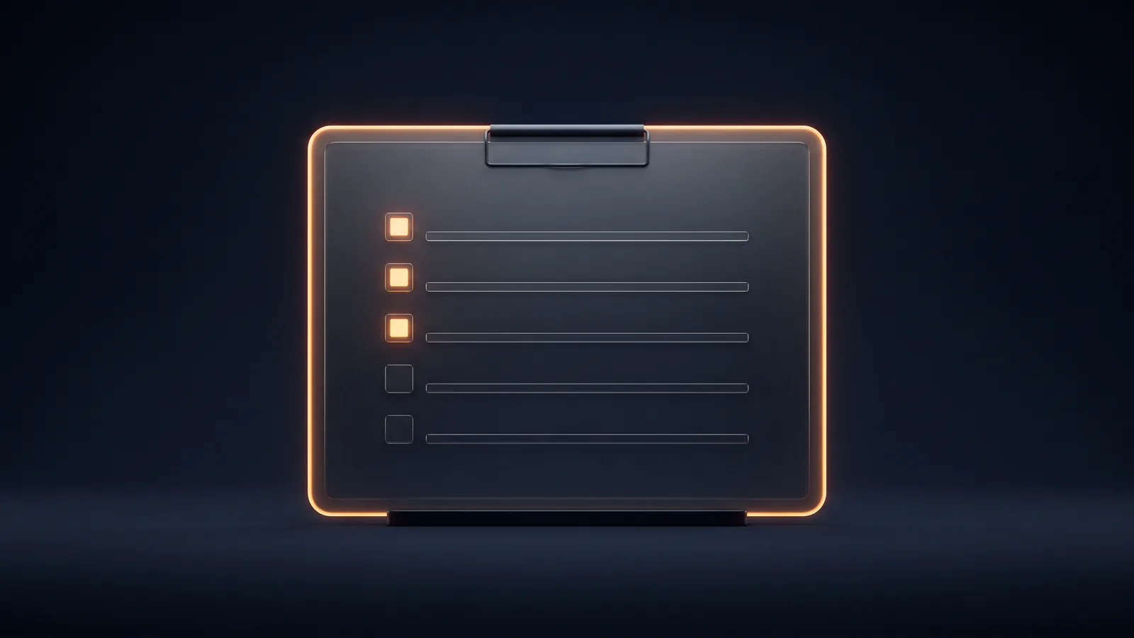 A broad dark smoked glass clipboard standing on a low base in a deep blue void, its edges traced warm amber, five blank rows on its face with the check boxes of the top three glowing amber and the bottom two dark