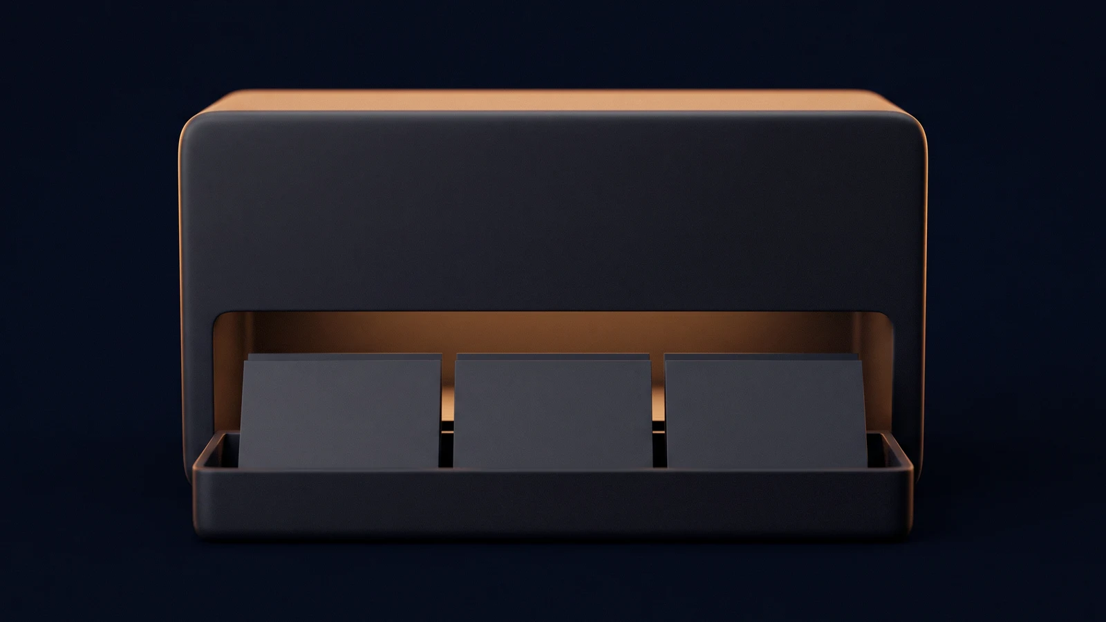 A broad dark blank dispenser housing in a deep blue void with a wide open tray across its lower front holding three plain blank slips standing upright, the recess behind them washed warm amber from inside