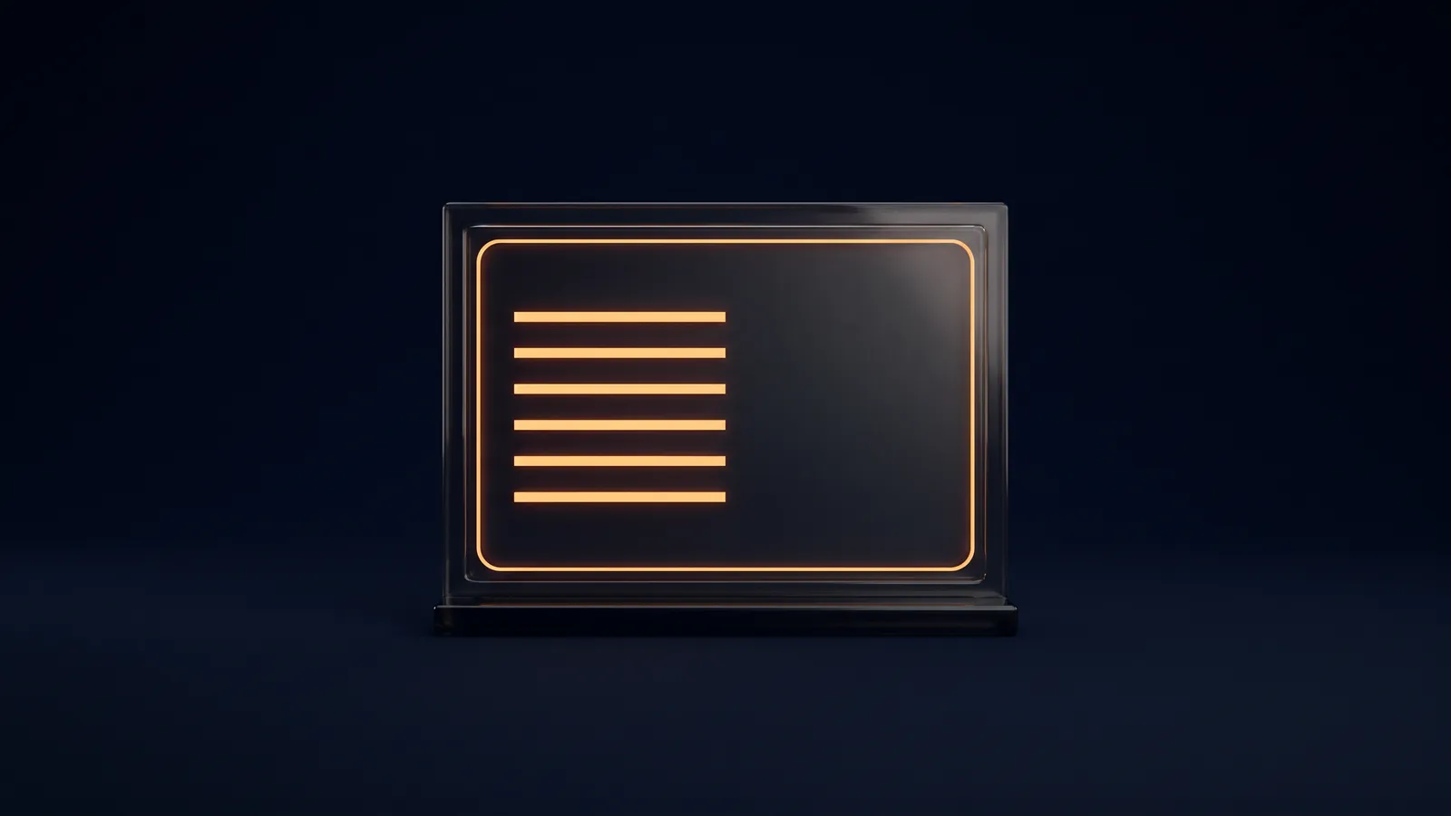 A clear smoked acrylic sign holder standing dead-on in a deep blue void, holding one dark blank sheet traced by a warm amber rim, with a column of six short blank bars glowing warm amber down its left side
