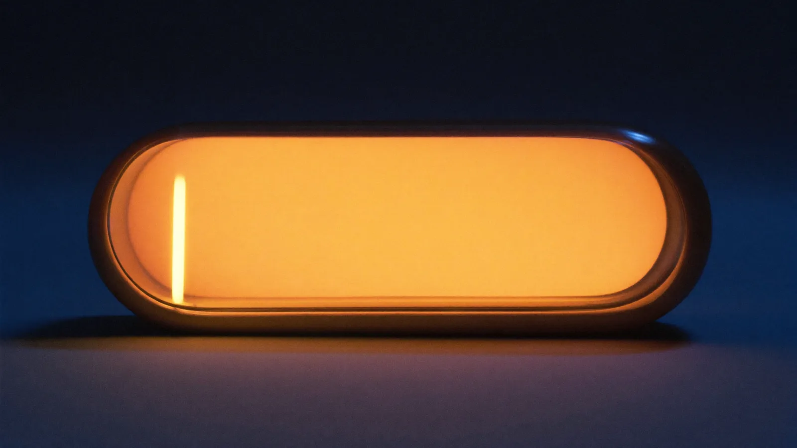 A glowing amber search bar of smoked glass with a single bright cursor caret inside it, floating in a dark blue void