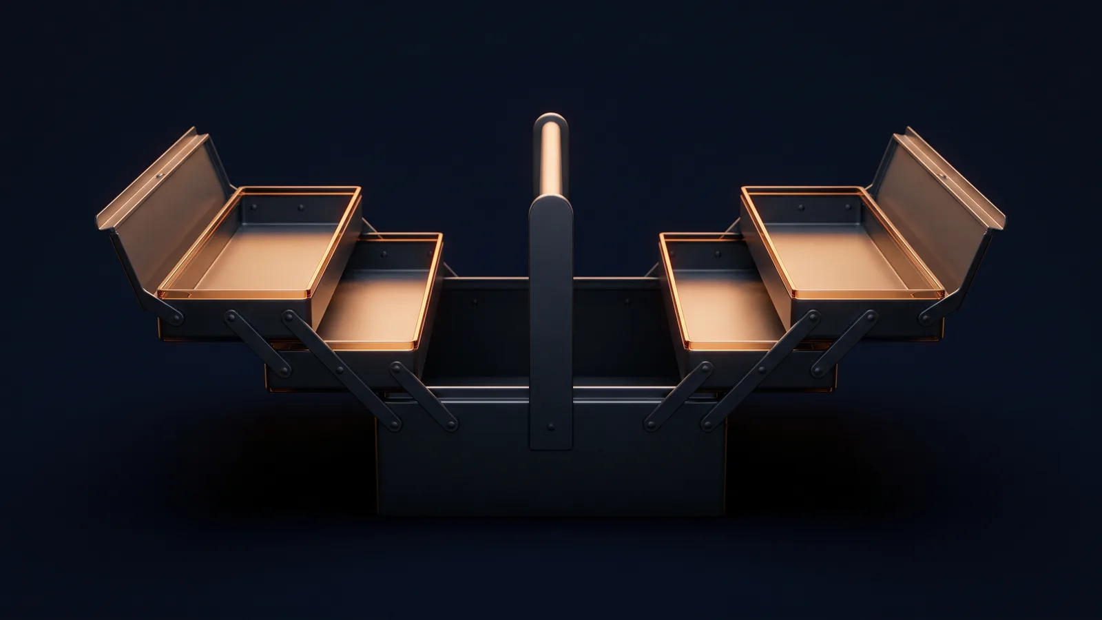 A cantilever toolbox in matte near-black with thin amber rims seen straight on and opened wide in a deep blue void, its four empty stepped trays swung out left and right and glowing warm amber, the central box dark