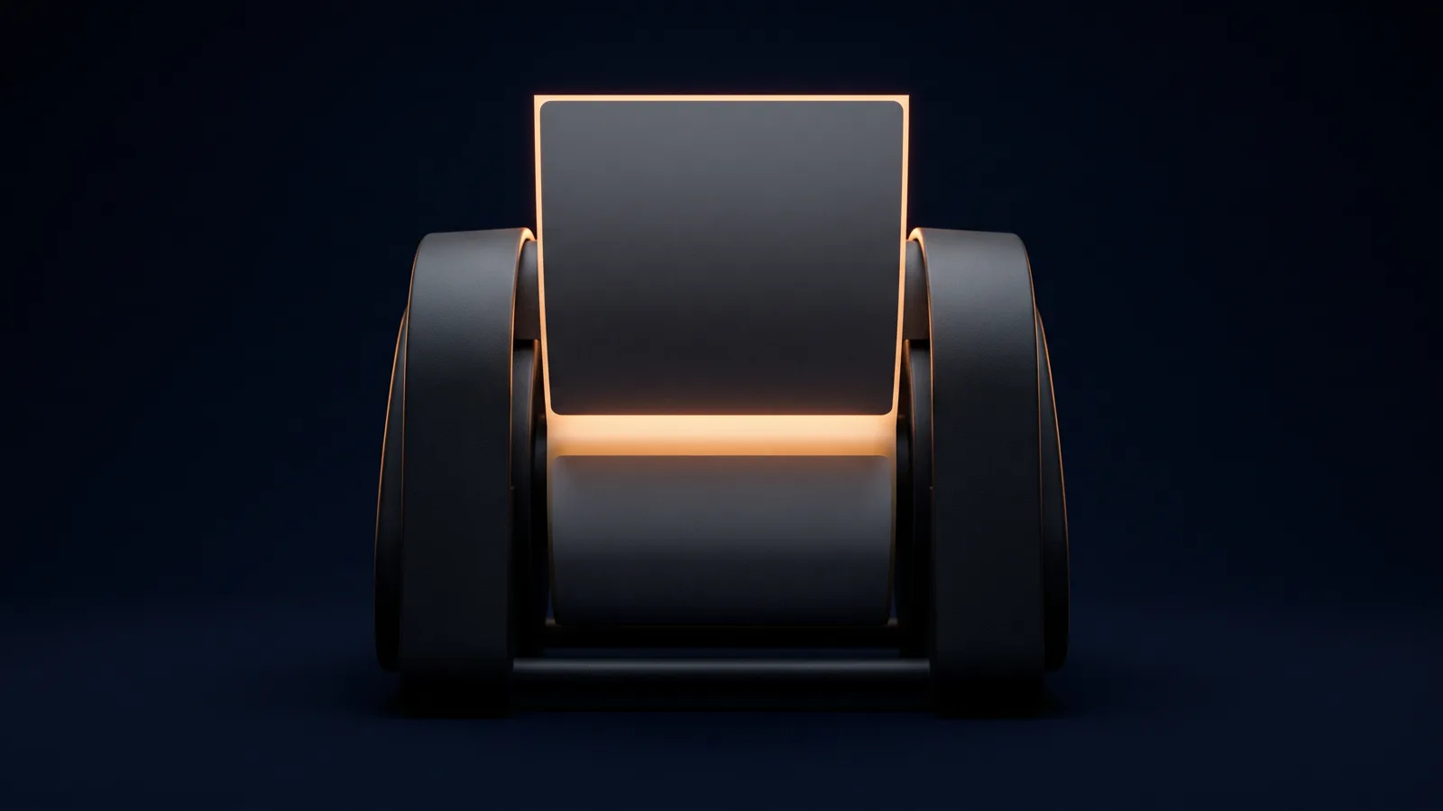 A dark label roll dispenser in a deep blue void with one blank label peeled up and standing clear, the empty channel behind it glowing warm amber