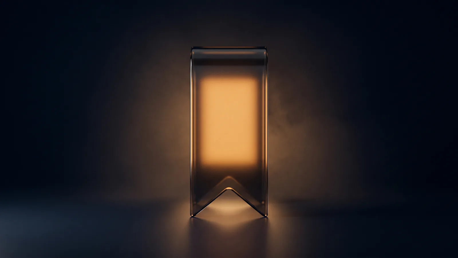 A single oversized bookmark ribbon of dark smoked glass standing upright in a deep blue void, notched at its lower edge and glowing warm amber from within