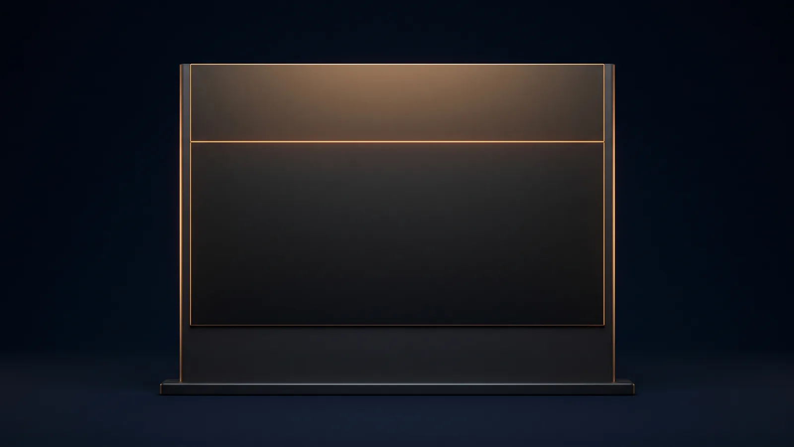 One large blank dark card held face-on in a display stand in a deep blue void, a single fine warm amber line running across it a third of the way down, a narrow band above the line catching the light and the whole area beneath it dark