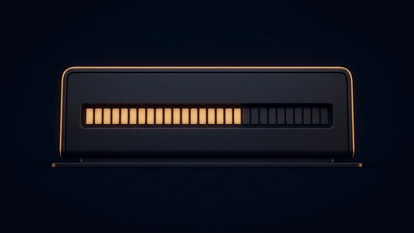 A broad dark desktop level meter in a deep blue void, its long row of blank segments lit warm amber across the left two thirds