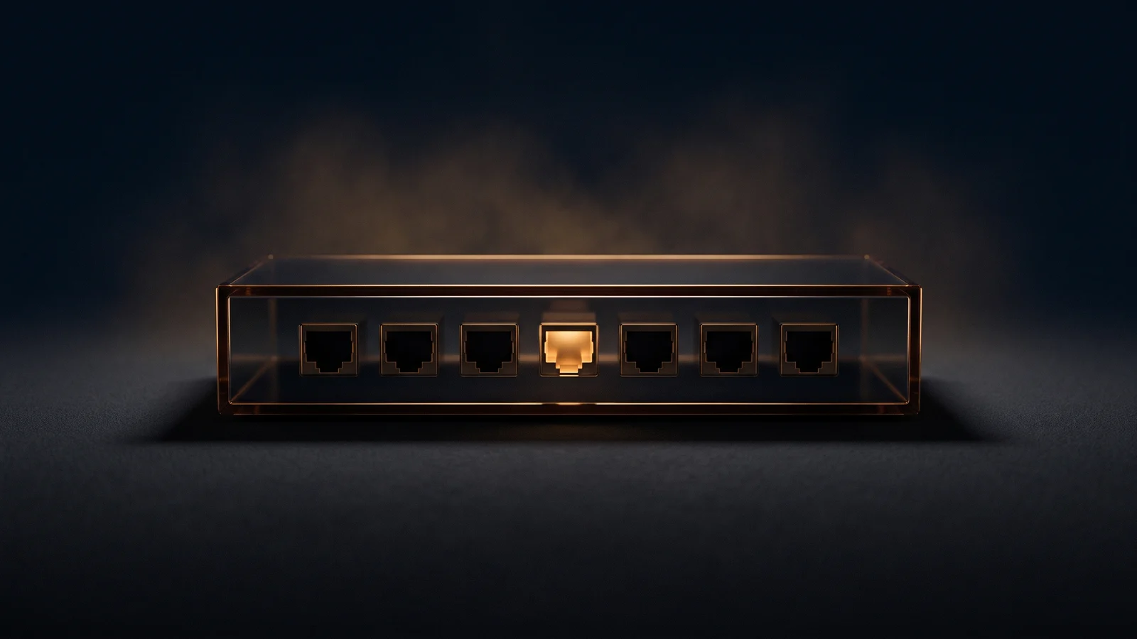 A broad network switch of dark smoked glass with a thin amber rim seen straight on in a deep blue void, a row of seven blank sockets across its front, six of them dark and the middle one glowing warm amber