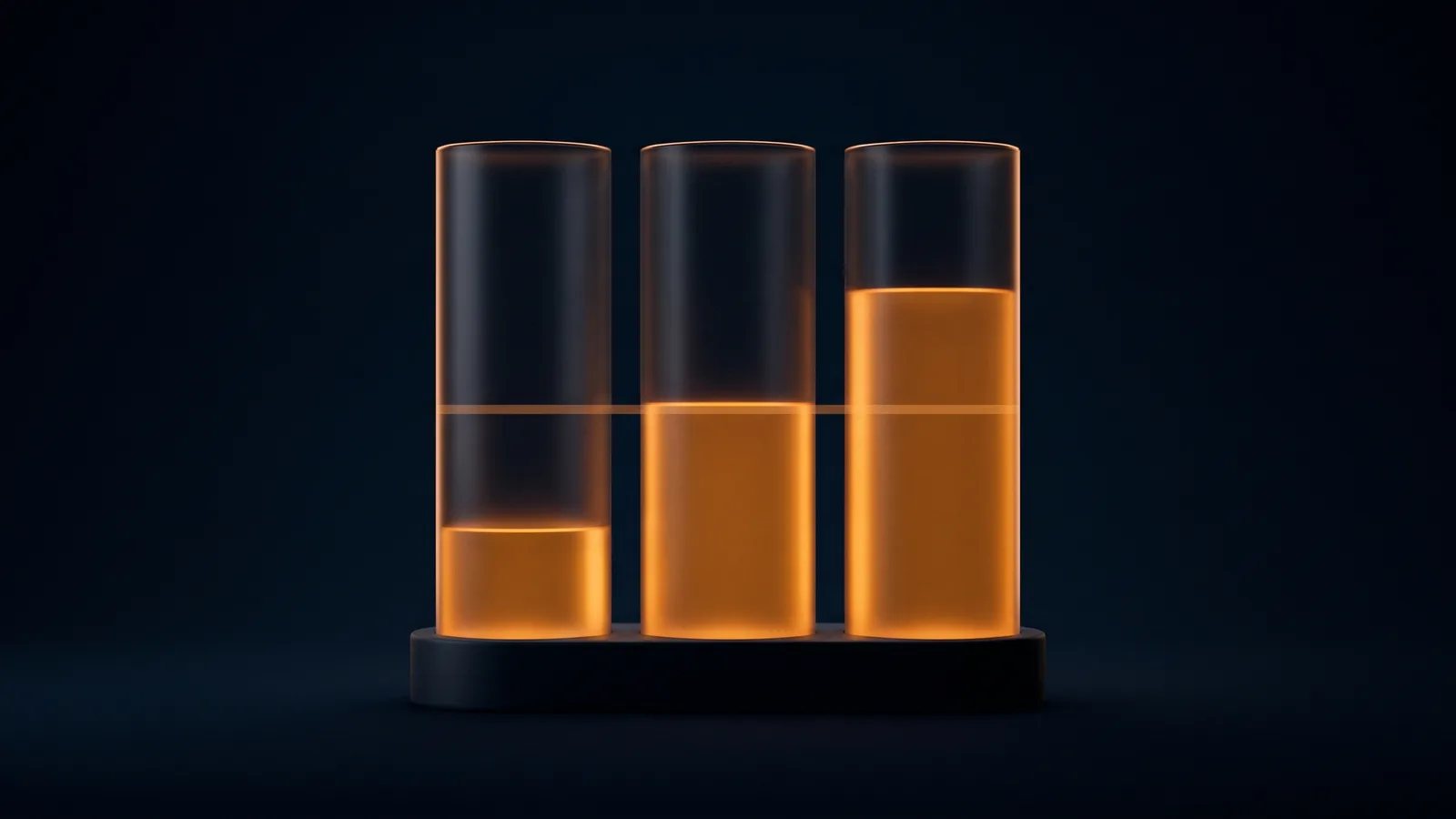 Three broad clear smoked glass columns standing side by side on a dark base in a deep blue void, filled with glowing warm amber to three rising levels, a faint amber line crossing all three at the same height