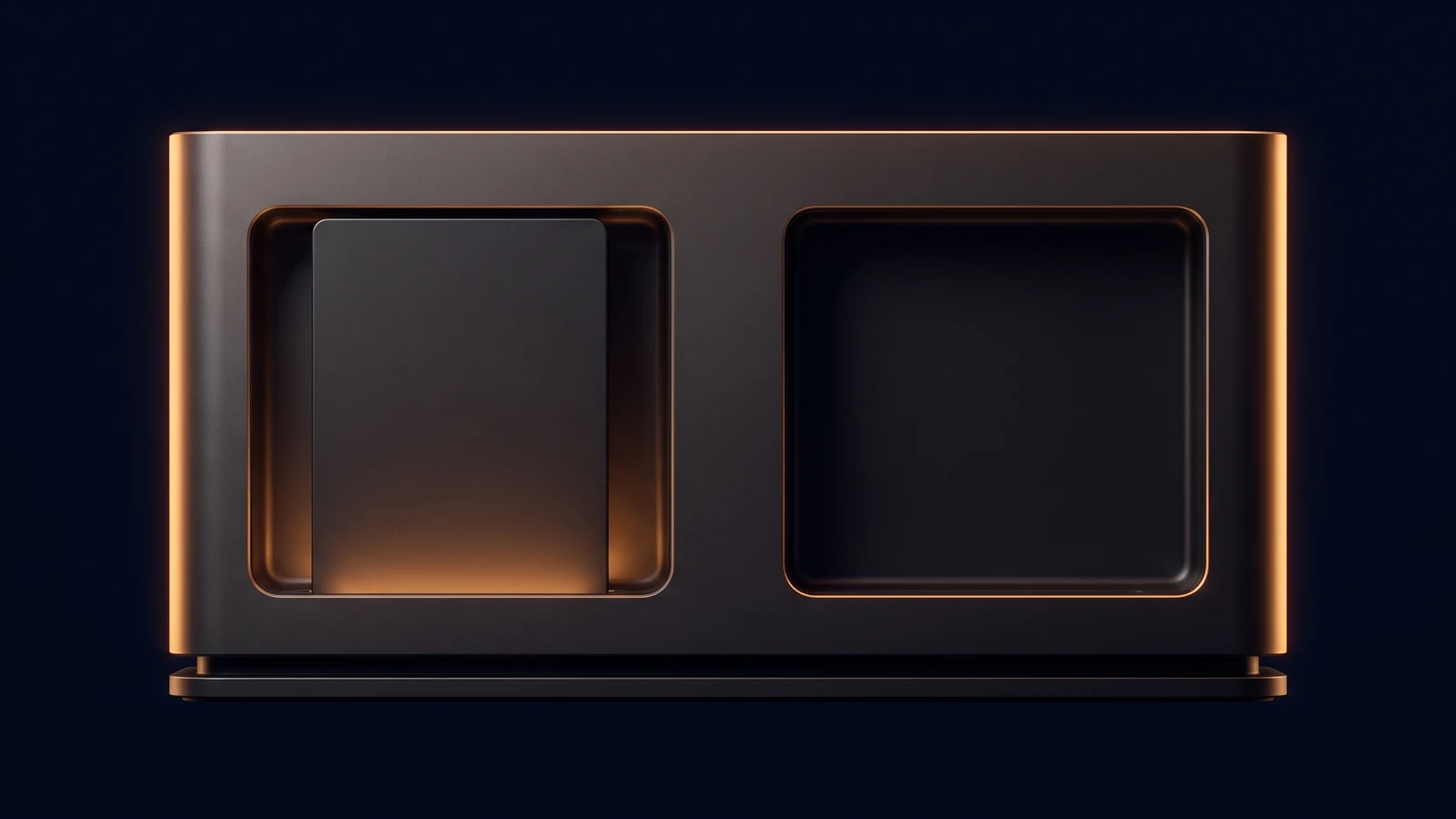 A broad dark blank docking station in a deep blue void with two large upright bays side by side, the left bay holding a plain blank slab washed warm amber from below and the right bay standing empty and dark