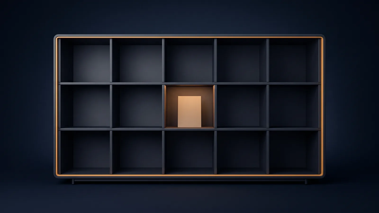 A wide dark pigeonhole sorter with fifteen empty square cubbies in a deep blue void, one cubby in the middle row holding a single blank card lit warm amber