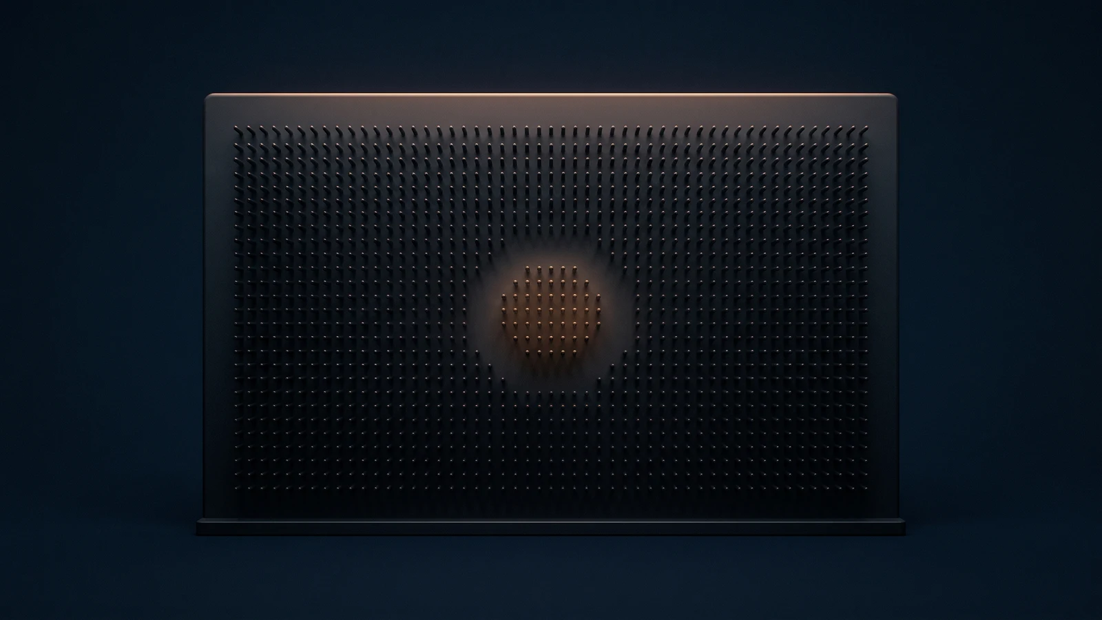 A broad upright board of matte near-black charcoal standing dead-on on a low base rail in a deep blue void, its face densely covered with a field of identical short blank pins, a small tight cluster near the center standing proud of the surface with their tips lit warm amber