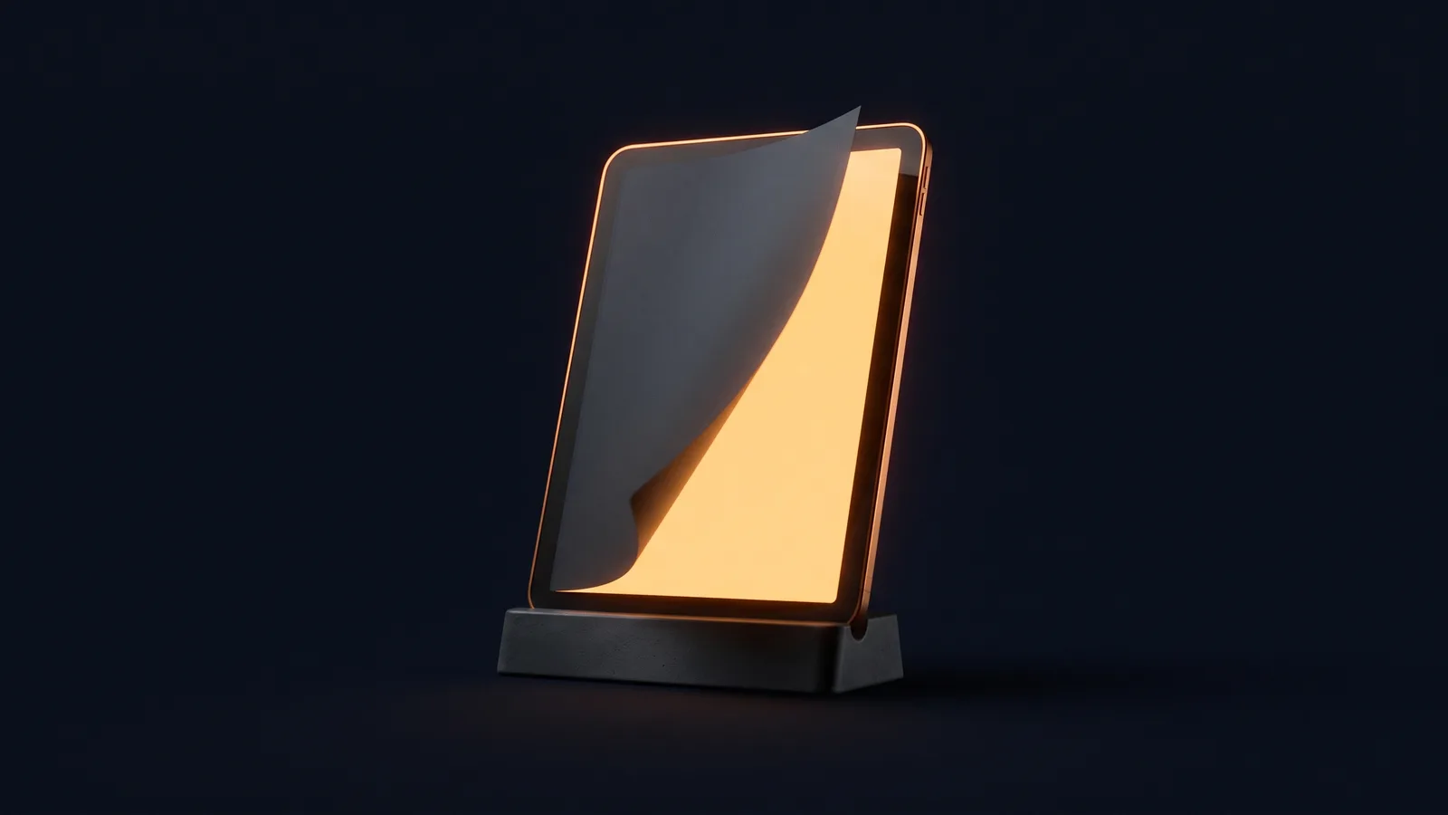 An upright e-reader of dark smoked glass rimmed in amber, standing in a low dark stand in a deep blue void, a dark blank page curling away from its face to reveal a fresh page glowing warm amber beneath