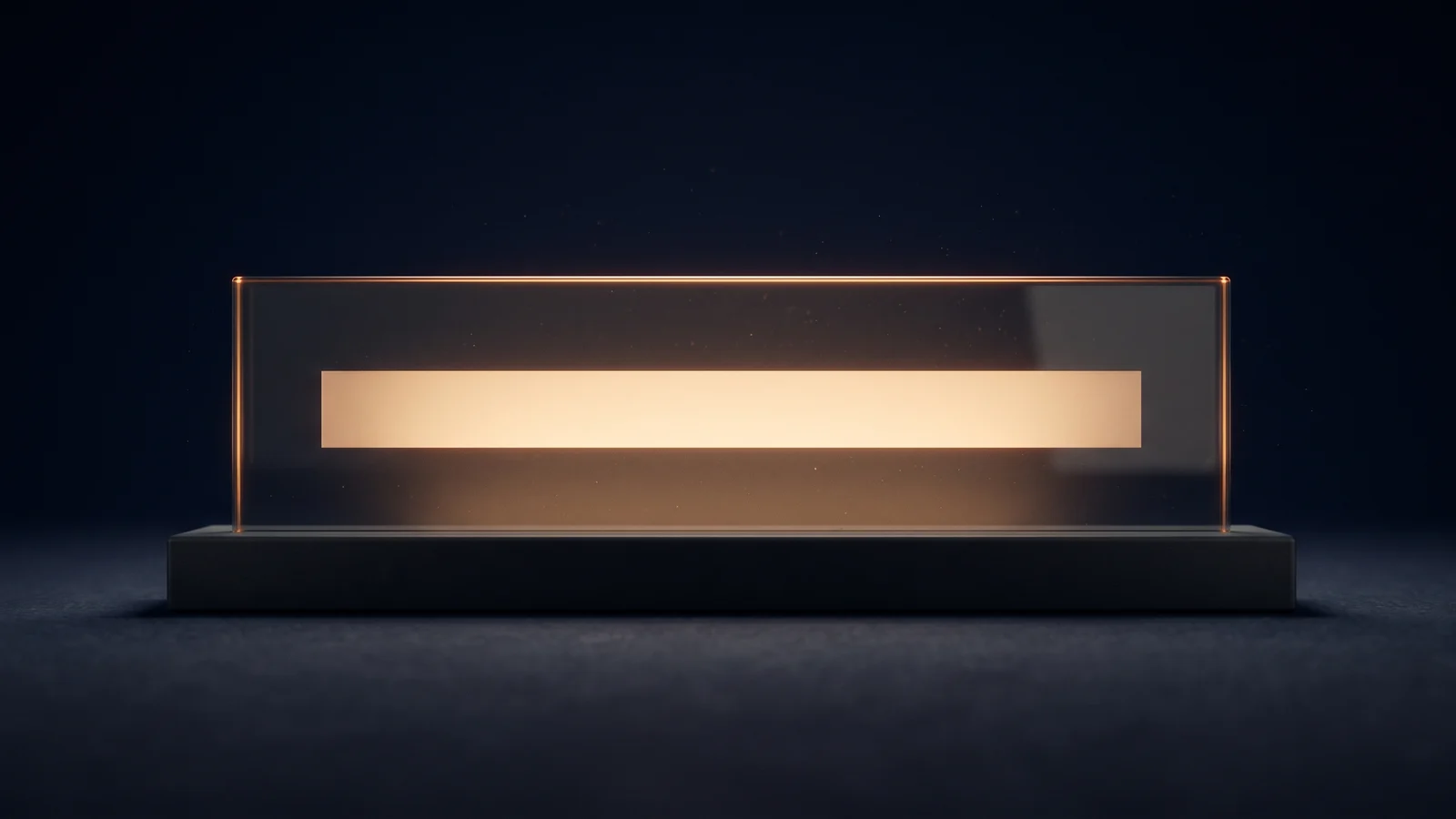 A broad desk nameplate seen straight on in a deep blue void, a long low pane of dark smoked glass with a thin amber rim standing on a near-black base, with one wide blank strip across its face glowing warm amber