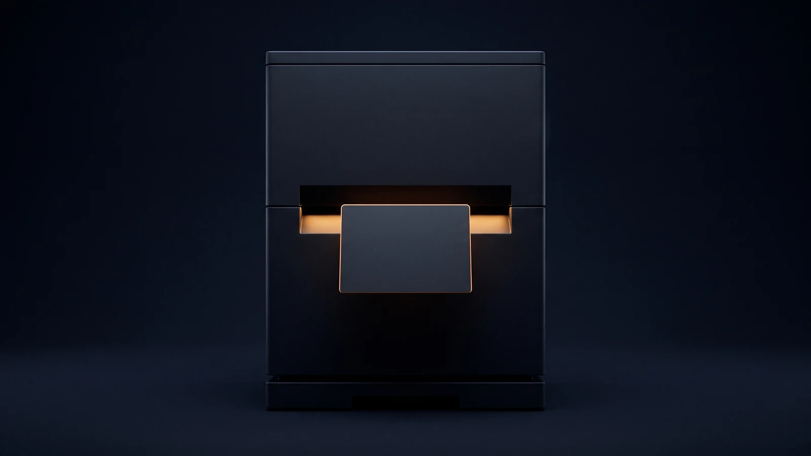 A tall upright document machine of dark matte glass standing dead-on on a low base in a deep blue void, every surface blank, with one blank card standing well proud of a wide horizontal slot across its face and the empty channel behind it washed warm amber