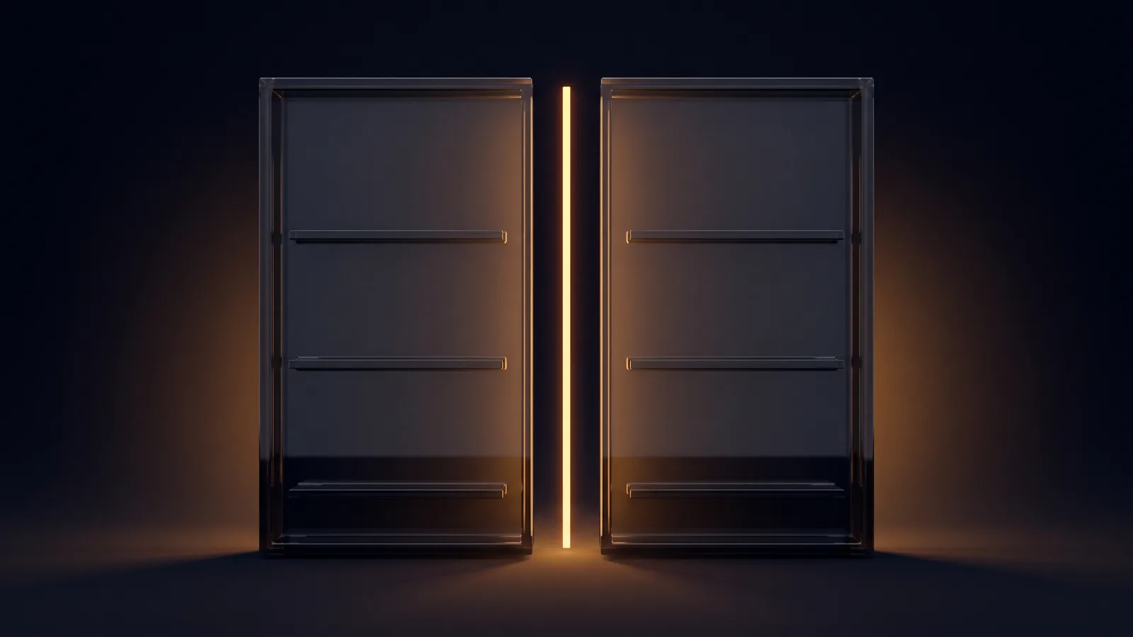 Two upright panels of dark smoked glass standing side by side in a deep blue void, divided by a single glowing amber seam, each face carrying blank recessed rows