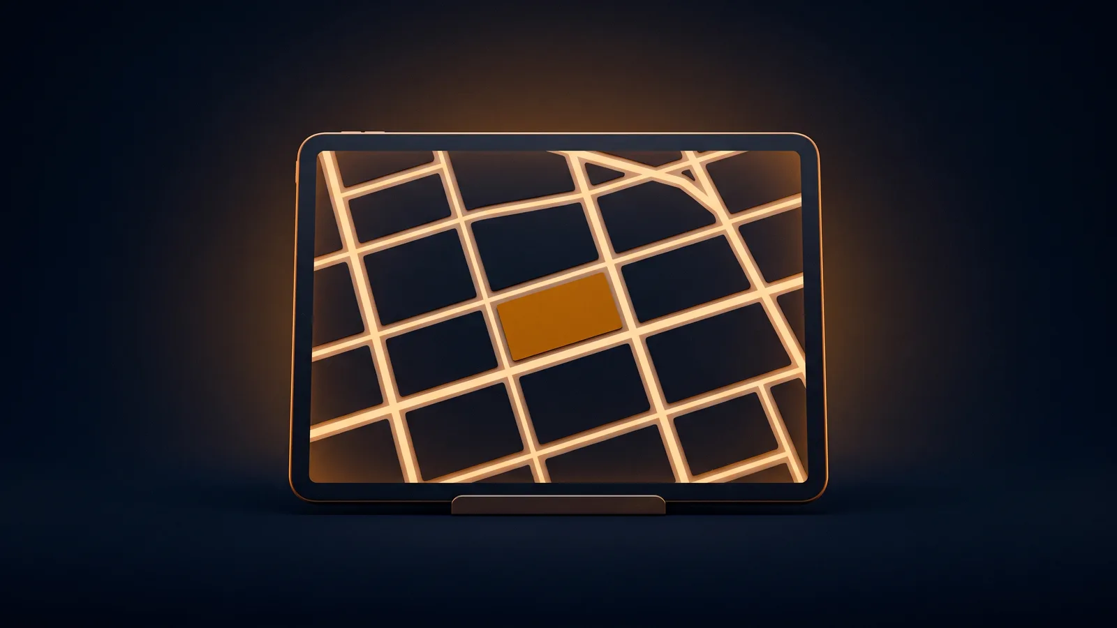 A broad landscape tablet on a low stand in a deep blue void, its blank screen showing a plain street map of dark city blocks between glowing amber streets, with one block near the center lit solid amber