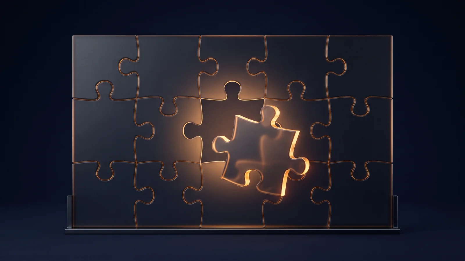 A broad upright panel of dark glass jigsaw pieces on a low base in a deep blue void, one piece missing near the center with the opening glowing warm amber, and that piece floating just in front of it with a bright amber rim