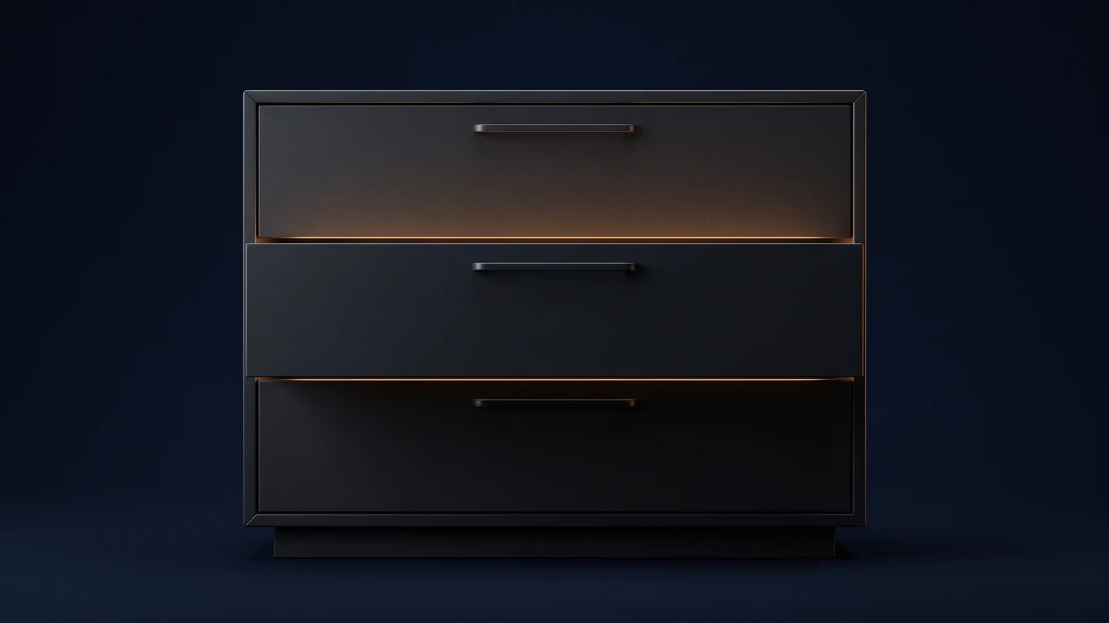 A broad three-drawer filing cabinet of matte near-black charcoal standing dead-on on a low plinth in a deep blue void, every drawer front completely blank apart from a long recessed handle, the middle drawer pulled proud of the case with the two horizontal seams around it glowing warm amber
