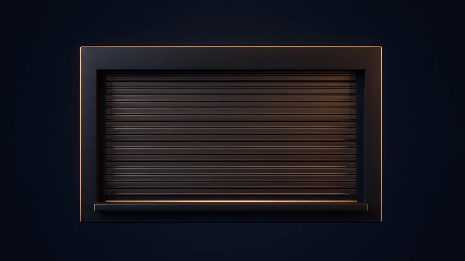 A broad dark wall service hatch seen face-on in a deep blue void, its opening completely closed by a blank slatted roller shutter, with one thin line of warm amber light escaping from the gap beneath its bottom edge