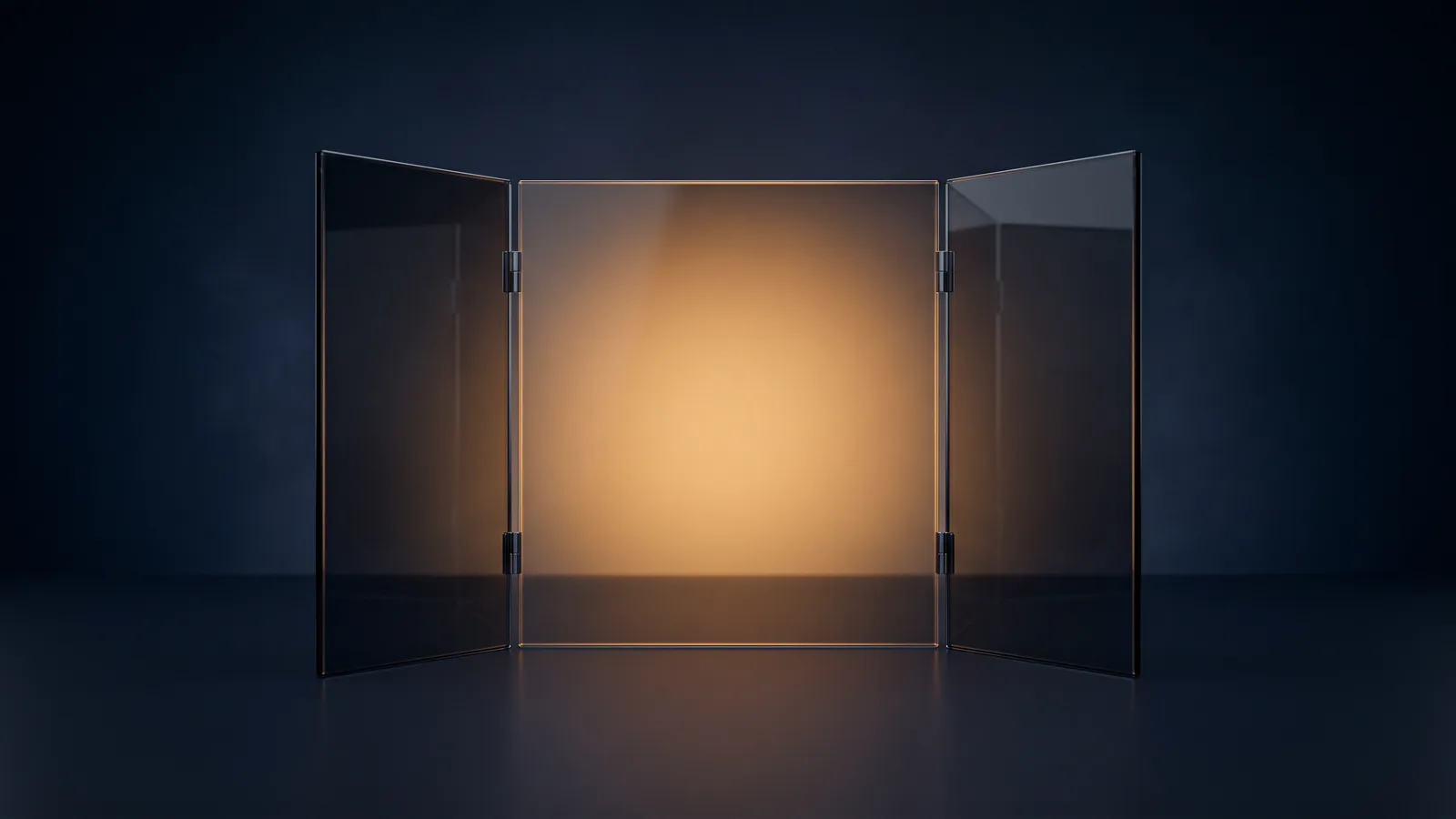 A tri-fold standing panel of dark smoked glass resting dead-on on a flat surface in a deep blue void, three hinged blank faces with the outer wings angled gently forward, the center face glowing warm amber from within and the two wings dark but clearly present