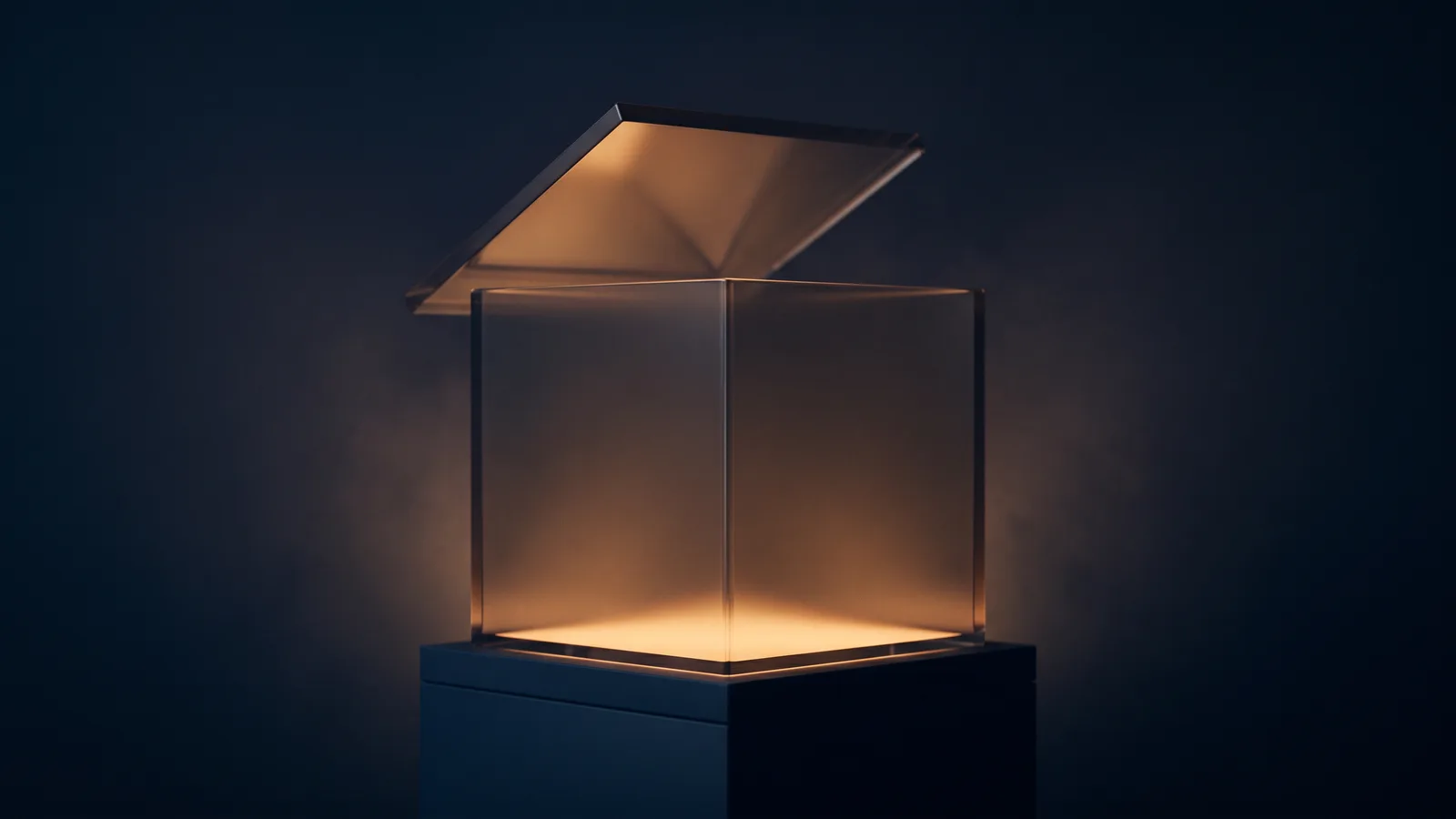 A square presentation case of dark smoked glass on a low plinth in a deep blue void, its lid standing open, the empty interior lit warm amber from below