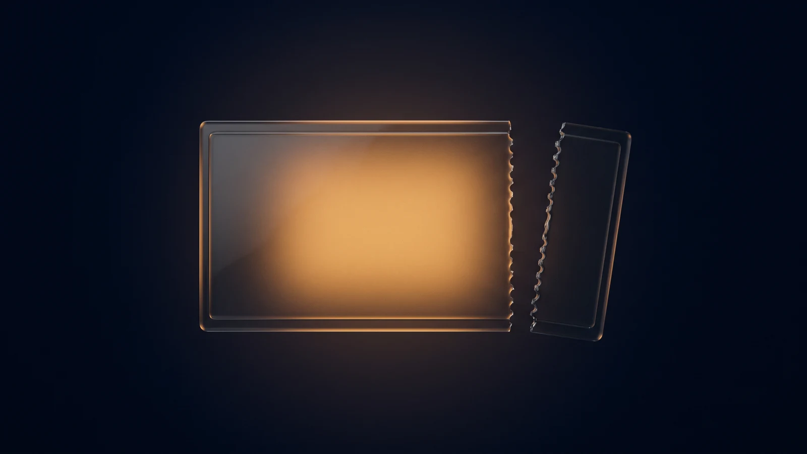 An upright blank ticket card of dark smoked glass glowing warm amber in a deep blue void, with a narrow stub torn away along a perforated edge and floating apart, dark and unlit