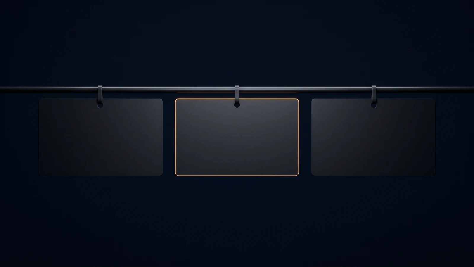 A row of three identical wide landscape tags of matte near-black charcoal hanging shoulder to shoulder from one plain horizontal rail in a deep blue void, every tag face completely blank, the middle tag traced by a thin warm amber rim along its edges and the two outer tags equally blank and dark but clearly present