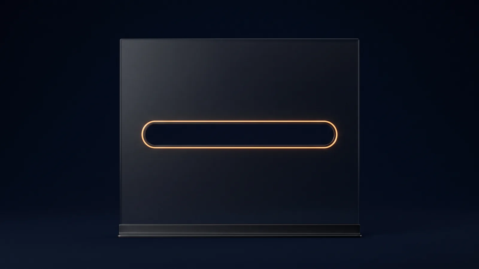 A broad upright panel of dark smoked glass standing dead-on on a low base rail in a deep blue void, its face completely blank, with one long horizontal pill-shaped channel recessed across the middle that is entirely empty and traced only by a thin warm amber rim