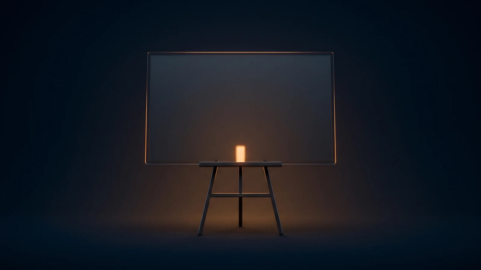A broad wide display board of dark smoked glass standing dead-on on a plain three-legged easel in a deep blue void, its face completely blank and unlit and traced by a thin warm amber rim, with one small upright warm amber marker standing in the narrow tray beneath it