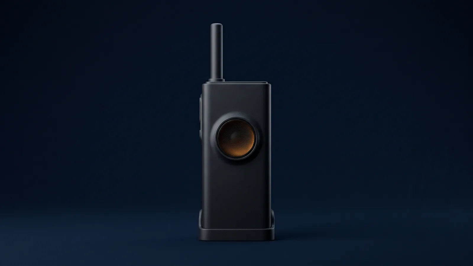 A handheld two-way radio of matte near-black glass standing upright dead-on in a deep blue void, its face completely blank, a single round speaker grille glowing warm amber from deep inside the recess