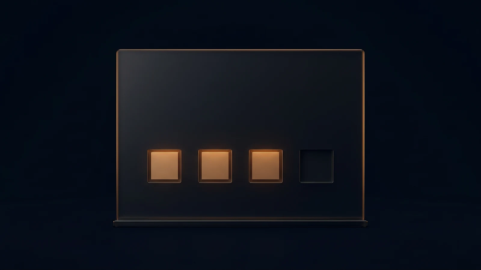 A broad blank plaque of dark smoked glass held clear of a plain backing panel by four short standoffs in a deep blue void, one thin continuous warm amber line of light tracing its outline in the gap behind it