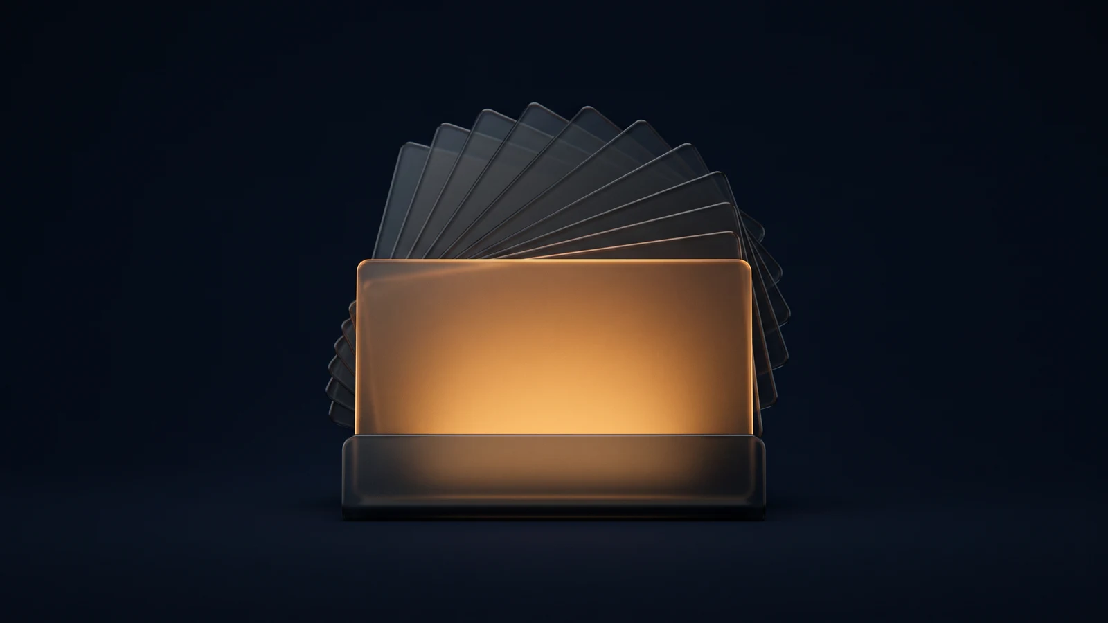 An upright business card holder of dark smoked glass in a deep blue void, a fan of identical blank cards behind it, the front card glowing warm amber from within while the rest stay dark but present