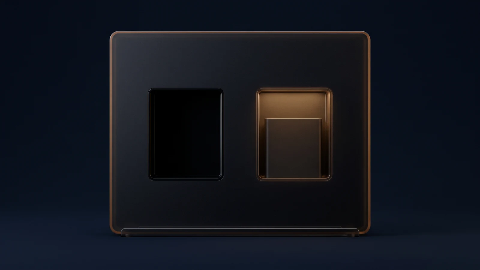 A broad upright docking housing of dark smoked glass standing on a low base rail in a deep blue void, its face blank and rimmed with warm light, with two identical deep rectangular bays cut side by side into it, the left bay empty and dark and the right holding one blank block with the recess around it washed warm amber