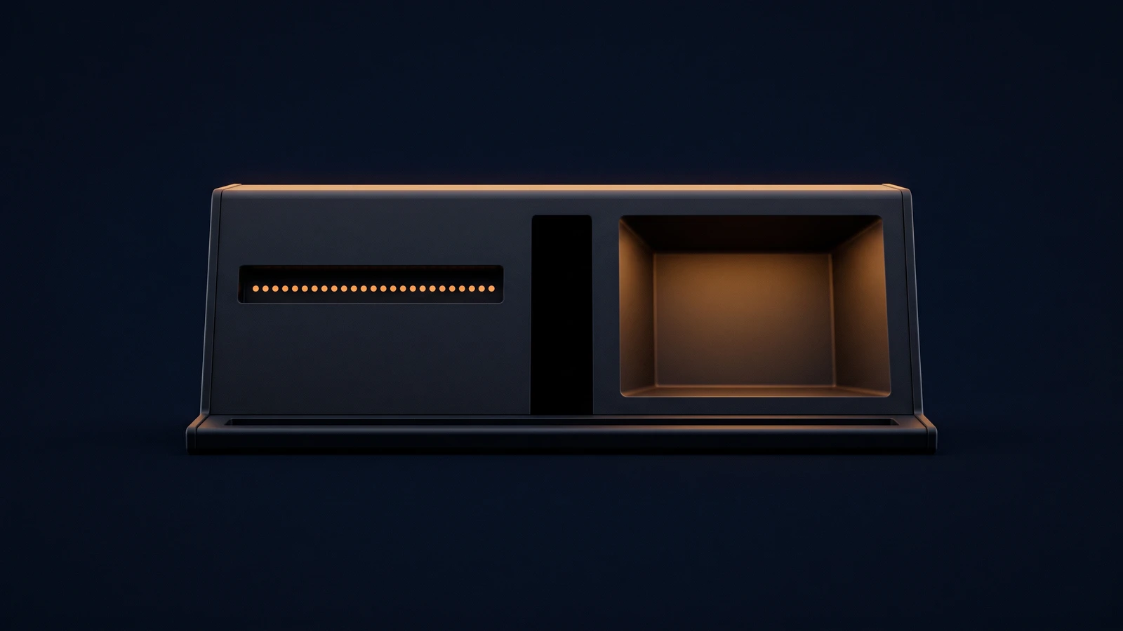 A broad dark desktop console with a warm amber rim in a deep blue void, its face holding a long narrow slot lit by a row of small amber dots and, separated by a dark gap, one deep square recess glowing warm amber
