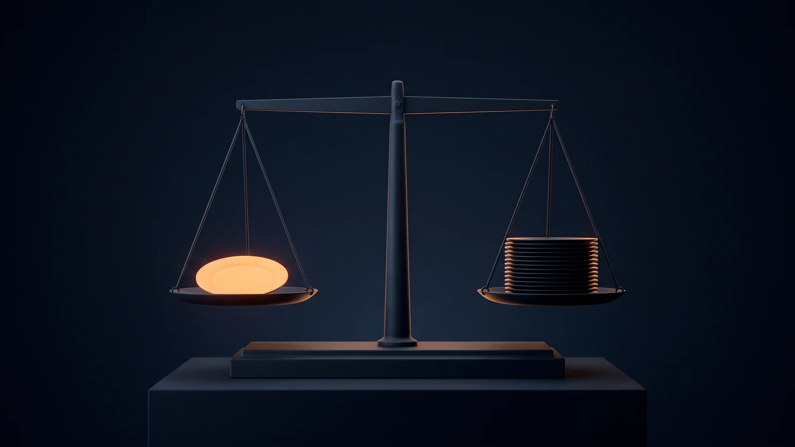 A single balance scale of matte near-black charcoal standing dead-on on a low plinth in a deep blue void, its beam exactly level, the left pan holding one plain blank plate glowing warm amber from within and the right pan holding a taller stack of identical blank plates that stay dark but clearly present