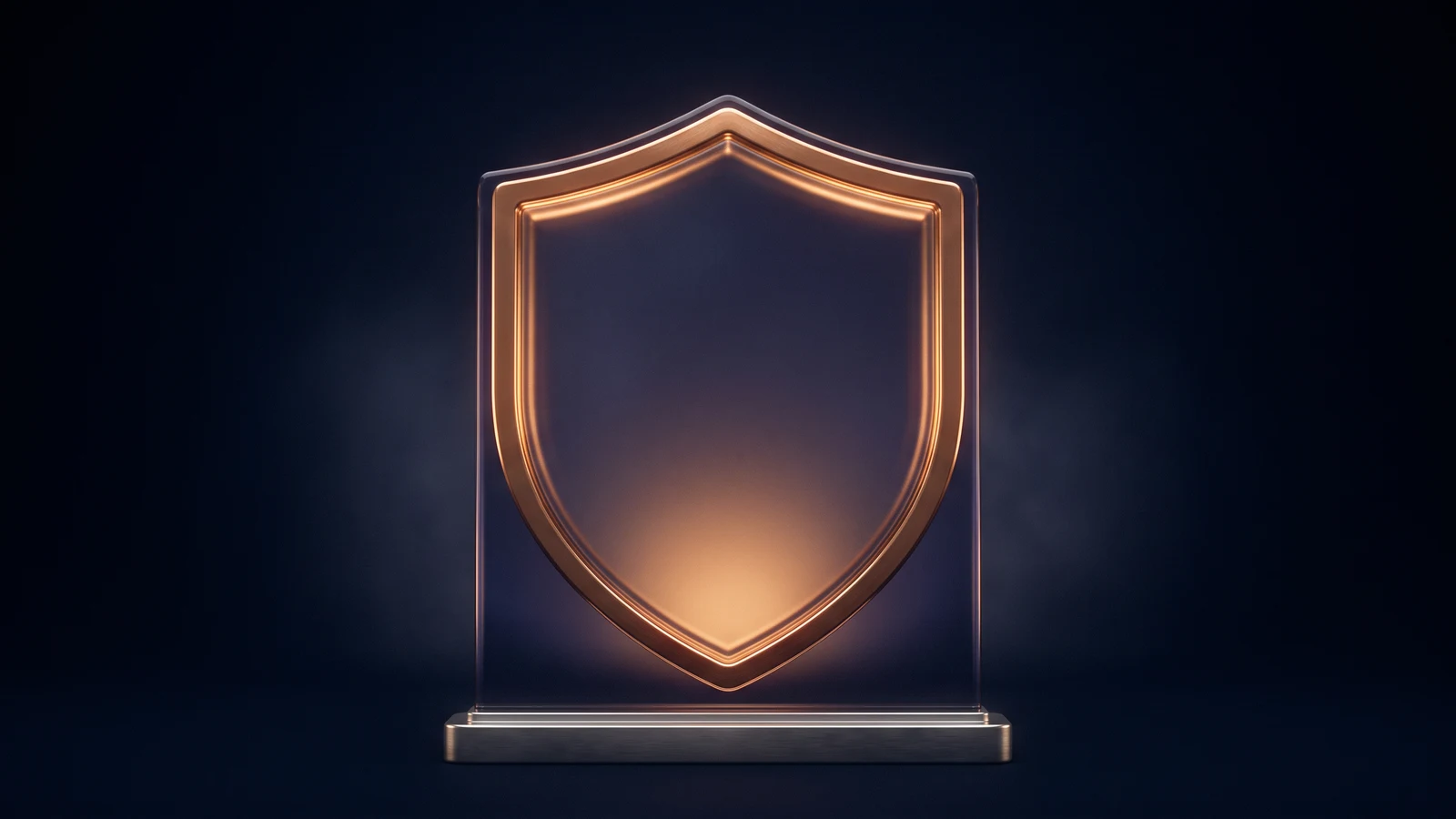 An upright shield-shaped plate of dark smoked glass on a low base in a deep blue void, its blank face lit from within, a raised border catching the same warm amber light